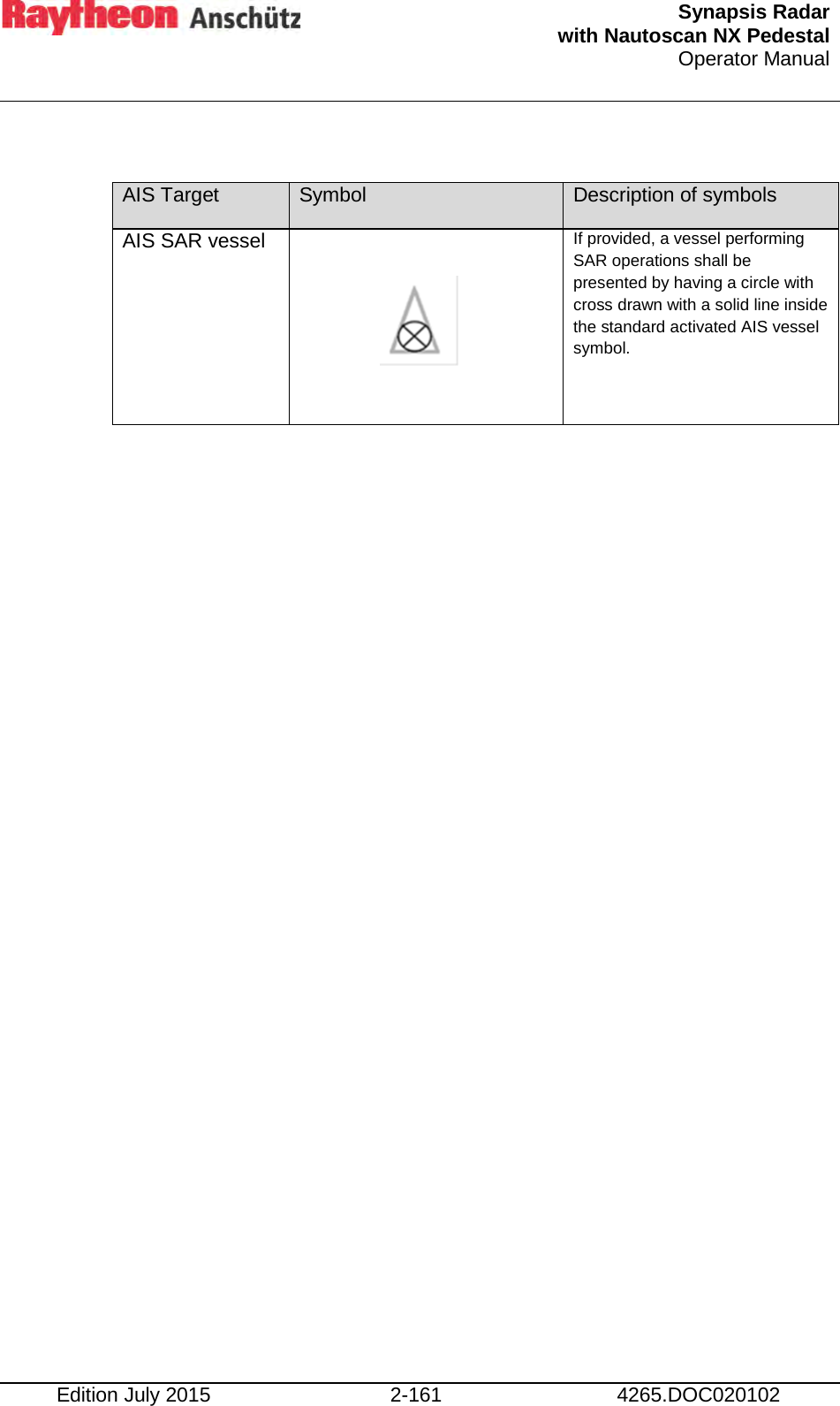  Synapsis Radar  with Nautoscan NX Pedestal Operator Manual    Edition July 2015 2-161 4265.DOC020102  AIS Target Symbol Description of symbols AIS SAR vessel      If provided, a vessel performing SAR operations shall be presented by having a circle with cross drawn with a solid line inside the standard activated AIS vessel symbol.      