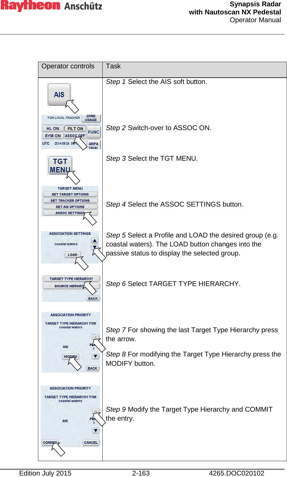  Synapsis Radar  with Nautoscan NX Pedestal Operator Manual    Edition July 2015 2-163 4265.DOC020102  Operator controls Task                           Step 1 Select the AIS soft button.   Step 2 Switch-over to ASSOC ON.  Step 3 Select the TGT MENU.   Step 4 Select the ASSOC SETTINGS button.  Step 5 Select a Profile and LOAD the desired group (e.g. coastal waters). The LOAD button changes into the passive status to display the selected group.  Step 6 Select TARGET TYPE HIERARCHY.   Step 7 For showing the last Target Type Hierarchy press the arrow.  Step 8 For modifying the Target Type Hierarchy press the MODIFY button.   Step 9 Modify the Target Type Hierarchy and COMMIT the entry.    