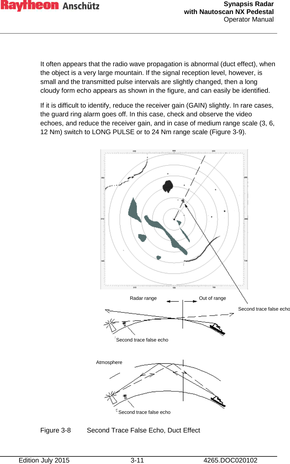  Synapsis Radar  with Nautoscan NX Pedestal Operator Manual    Edition July 2015 3-11 4265.DOC020102  It often appears that the radio wave propagation is abnormal (duct effect), when the object is a very large mountain. If the signal reception level, however, is small and the transmitted pulse intervals are slightly changed, then a long cloudy form echo appears as shown in the figure, and can easily be identified. If it is difficult to identify, reduce the receiver gain (GAIN) slightly. In rare cases, the guard ring alarm goes off. In this case, check and observe the video echoes, and reduce the receiver gain, and in case of medium range scale (3, 6, 12 Nm) switch to LONG PULSE or to 24 Nm range scale (Figure 3-9).                    Figure 3-8  Second Trace False Echo, Duct Effect    Second trace false echo Radar range  Out of range  Second trace false echo Second trace false echo Atmosphere 