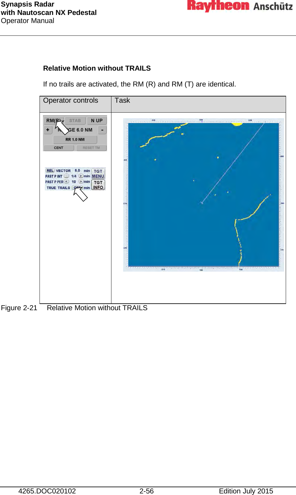 Synapsis Radar  with Nautoscan NX Pedestal Operator Manual     4265.DOC020102 2-56 Edition July 2015  Relative Motion without TRAILS If no trails are activated, the RM (R) and RM (T) are identical. Operator controls Task                     Figure 2-21 Relative Motion without TRAILS     