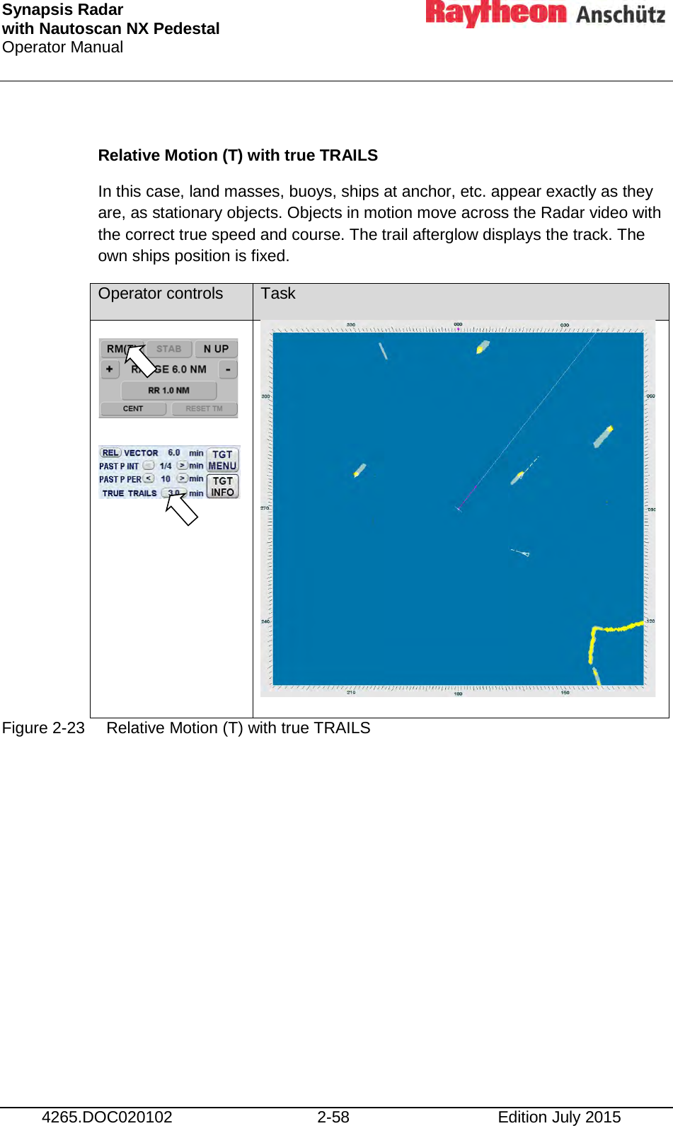 Synapsis Radar  with Nautoscan NX Pedestal Operator Manual     4265.DOC020102 2-58 Edition July 2015  Relative Motion (T) with true TRAILS In this case, land masses, buoys, ships at anchor, etc. appear exactly as they are, as stationary objects. Objects in motion move across the Radar video with the correct true speed and course. The trail afterglow displays the track. The own ships position is fixed.  Figure 2-23 Relative Motion (T) with true TRAILS    Operator controls Task     