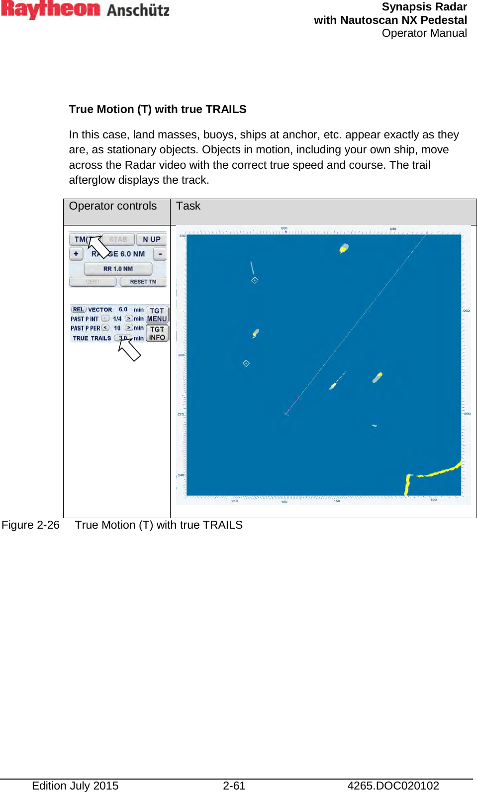  Synapsis Radar  with Nautoscan NX Pedestal Operator Manual    Edition July 2015 2-61 4265.DOC020102  True Motion (T) with true TRAILS In this case, land masses, buoys, ships at anchor, etc. appear exactly as they are, as stationary objects. Objects in motion, including your own ship, move across the Radar video with the correct true speed and course. The trail afterglow displays the track. Operator controls Task      Figure 2-26 True Motion (T) with true TRAILS    