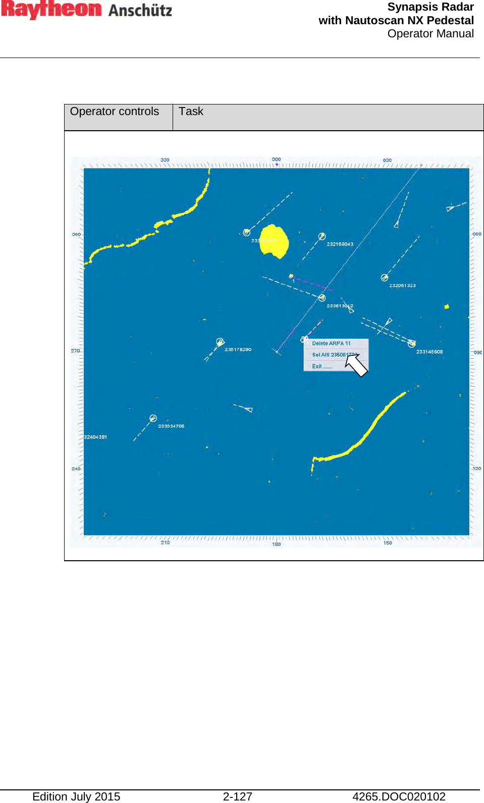  Synapsis Radar  with Nautoscan NX Pedestal Operator Manual    Edition July 2015 2-127 4265.DOC020102  Operator controls Task             