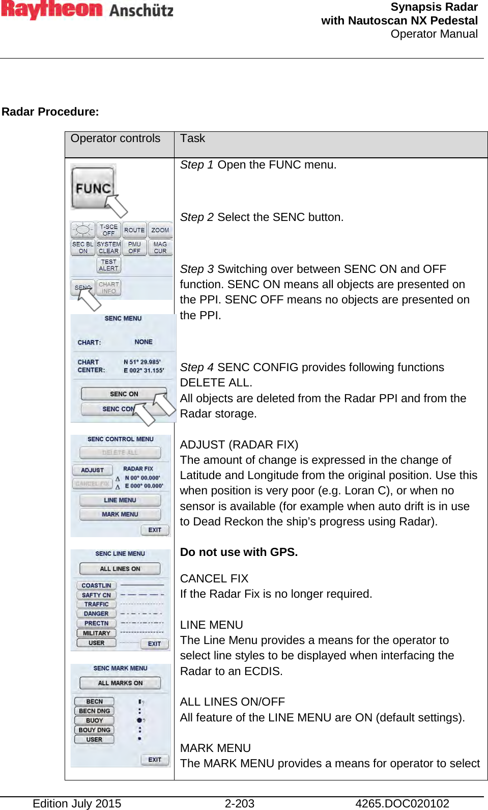  Synapsis Radar  with Nautoscan NX Pedestal Operator Manual    Edition July 2015 2-203 4265.DOC020102  Radar Procedure: Operator controls Task           Step 1 Open the FUNC menu.  Step 2 Select the SENC button.  Step 3 Switching over between SENC ON and OFF function. SENC ON means all objects are presented on the PPI. SENC OFF means no objects are presented on the PPI.  Step 4 SENC CONFIG provides following functions DELETE ALL. All objects are deleted from the Radar PPI and from the Radar storage.  ADJUST (RADAR FIX) The amount of change is expressed in the change of Latitude and Longitude from the original position. Use this when position is very poor (e.g. Loran C), or when no sensor is available (for example when auto drift is in use to Dead Reckon the ship’s progress using Radar).  Do not use with GPS. CANCEL FIX If the Radar Fix is no longer required.  LINE MENU The Line Menu provides a means for the operator to select line styles to be displayed when interfacing the Radar to an ECDIS.  ALL LINES ON/OFF All feature of the LINE MENU are ON (default settings).  MARK MENU The MARK MENU provides a means for operator to select 