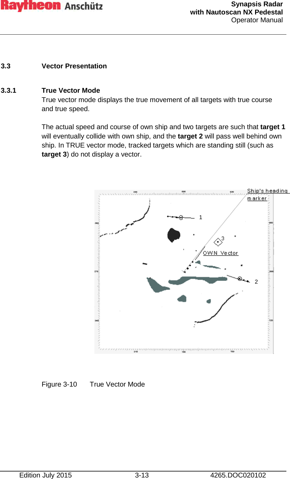  Synapsis Radar  with Nautoscan NX Pedestal Operator Manual    Edition July 2015 3-13 4265.DOC020102  3.3  Vector Presentation  3.3.1 True Vector Mode True vector mode displays the true movement of all targets with true course and true speed.  The actual speed and course of own ship and two targets are such that target 1 will eventually collide with own ship, and the target 2 will pass well behind own ship. In TRUE vector mode, tracked targets which are standing still (such as target 3) do not display a vector.               Figure 3-10 True Vector Mode    1 2 