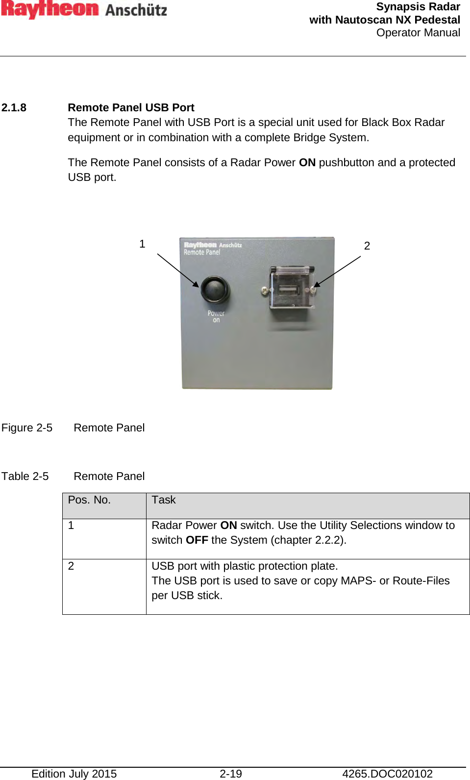  Synapsis Radar  with Nautoscan NX Pedestal Operator Manual     Edition July 2015 2-19 4265.DOC020102  2.1.8 Remote Panel USB Port  The Remote Panel with USB Port is a special unit used for Black Box Radar equipment or in combination with a complete Bridge System. The Remote Panel consists of a Radar Power ON pushbutton and a protected USB port.          Figure 2-5  Remote Panel  Table 2-5  Remote Panel Pos. No. Task 1 Radar Power ON switch. Use the Utility Selections window to switch OFF the System (chapter 2.2.2). 2 USB port with plastic protection plate. The USB port is used to save or copy MAPS- or Route-Files per USB stick.        1  2 