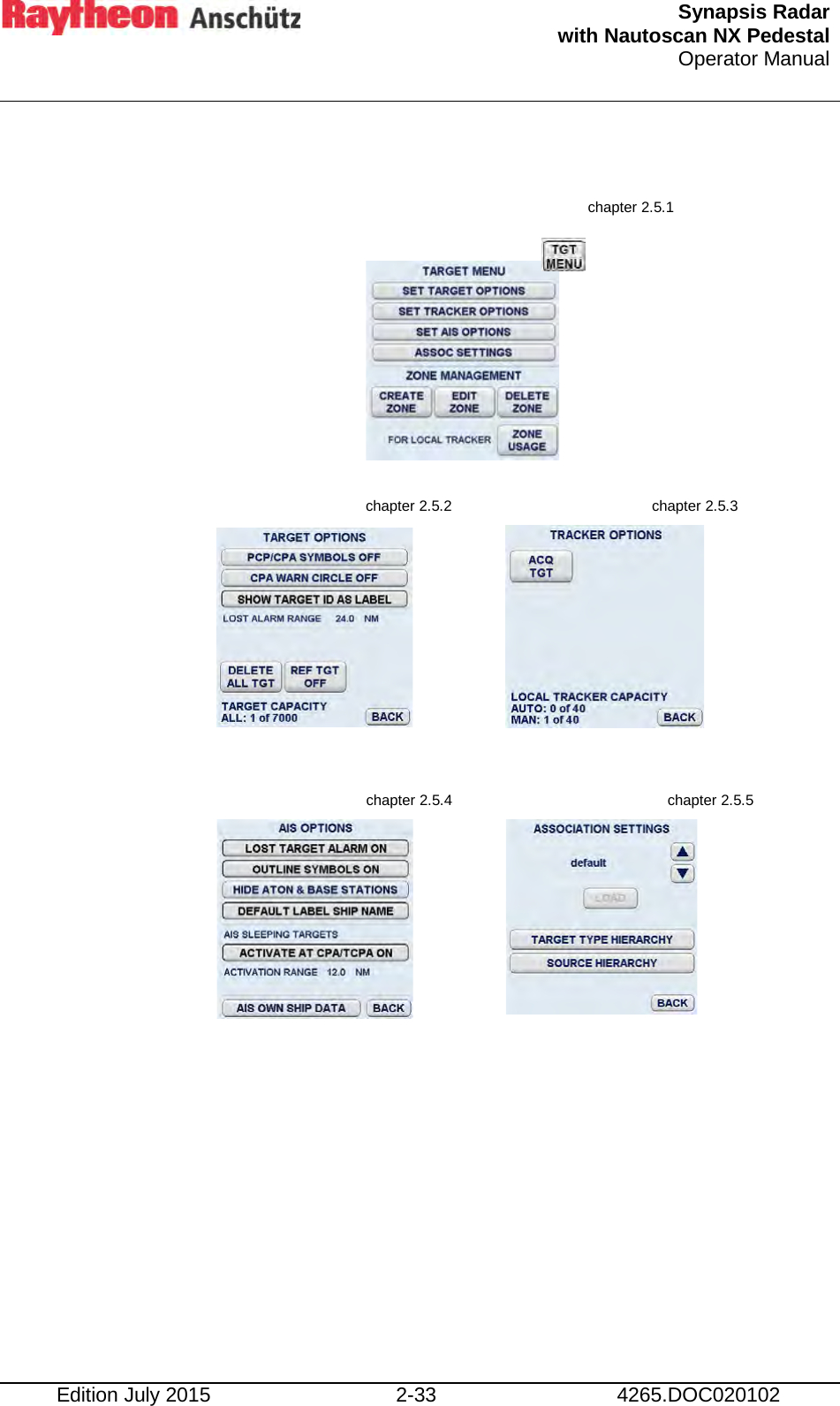  Synapsis Radar  with Nautoscan NX Pedestal Operator Manual    Edition July 2015 2-33 4265.DOC020102                            chapter 2.5.1 chapter 2.5.2 chapter 2.5.3 chapter 2.5.4 chapter 2.5.5  