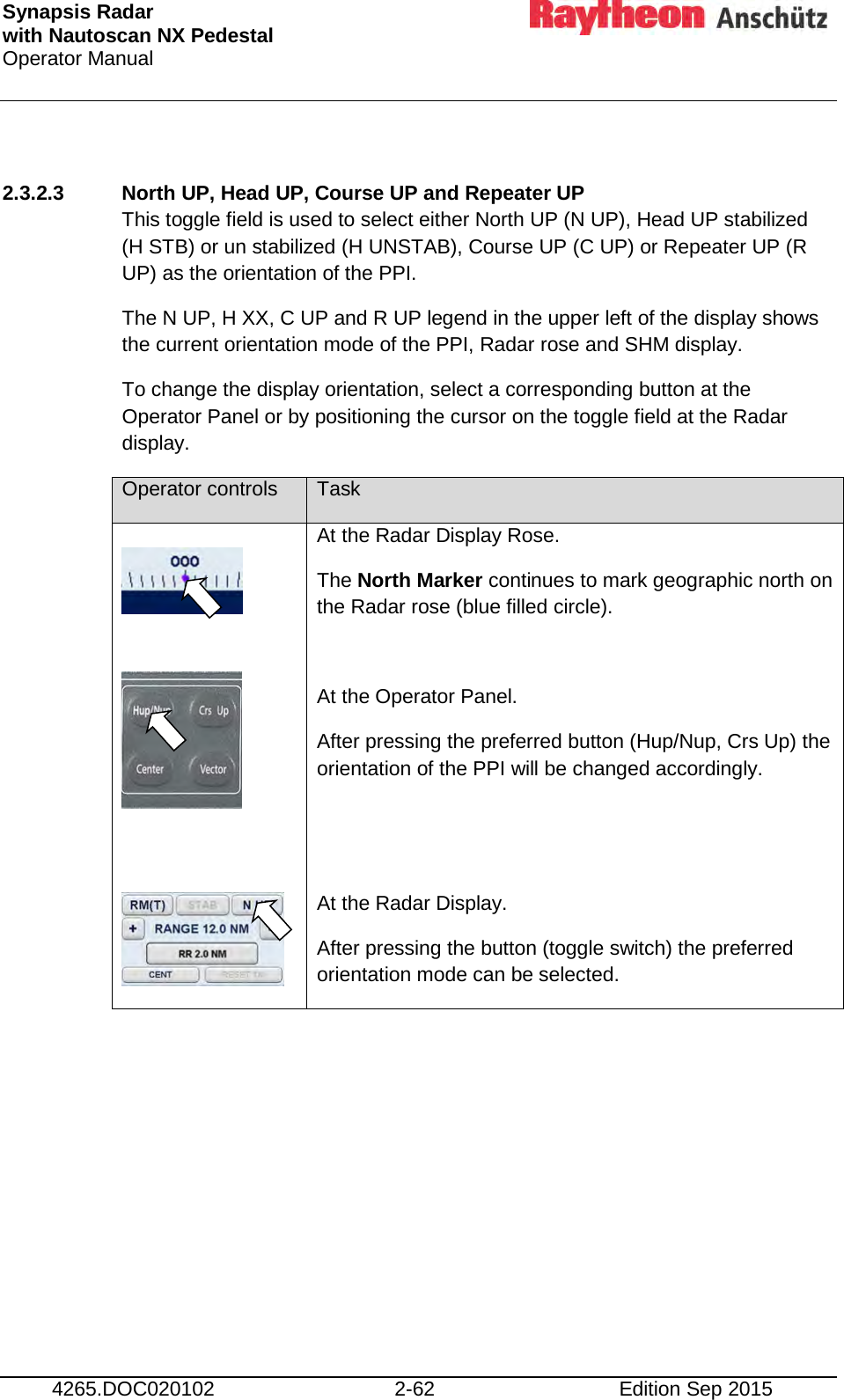 Synapsis Radar  with Nautoscan NX Pedestal Operator Manual     4265.DOC020102 2-62 Edition Sep 2015  2.3.2.3 North UP, Head UP, Course UP and Repeater UP This toggle field is used to select either North UP (N UP), Head UP stabilized (H STB) or un stabilized (H UNSTAB), Course UP (C UP) or Repeater UP (R UP) as the orientation of the PPI.  The N UP, H XX, C UP and R UP legend in the upper left of the display shows the current orientation mode of the PPI, Radar rose and SHM display.  To change the display orientation, select a corresponding button at the Operator Panel or by positioning the cursor on the toggle field at the Radar display.  Operator controls Task      At the Radar Display Rose. The North Marker continues to mark geographic north on the Radar rose (blue filled circle).  At the Operator Panel. After pressing the preferred button (Hup/Nup, Crs Up) the orientation of the PPI will be changed accordingly.   At the Radar Display. After pressing the button (toggle switch) the preferred orientation mode can be selected.     