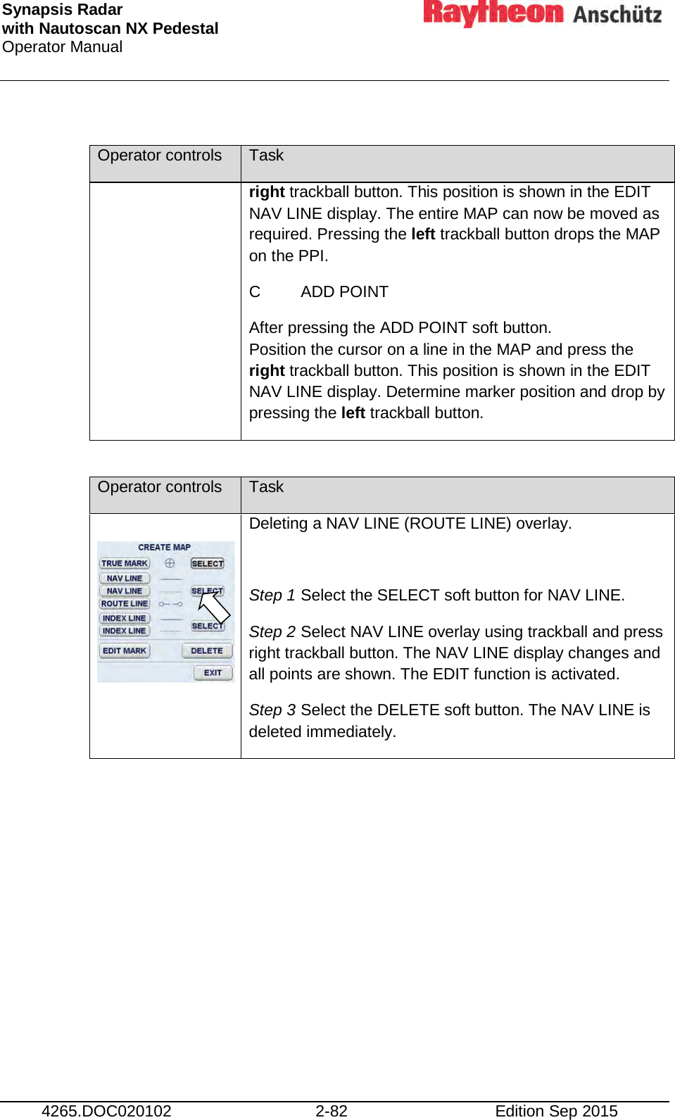 Synapsis Radar  with Nautoscan NX Pedestal Operator Manual     4265.DOC020102 2-82 Edition Sep 2015  Operator controls Task right trackball button. This position is shown in the EDIT NAV LINE display. The entire MAP can now be moved as required. Pressing the left trackball button drops the MAP on the PPI. C  ADD POINT After pressing the ADD POINT soft button.  Position the cursor on a line in the MAP and press the right trackball button. This position is shown in the EDIT NAV LINE display. Determine marker position and drop by pressing the left trackball button.  Operator controls Task   Deleting a NAV LINE (ROUTE LINE) overlay.   Step 1 Select the SELECT soft button for NAV LINE. Step 2 Select NAV LINE overlay using trackball and press right trackball button. The NAV LINE display changes and all points are shown. The EDIT function is activated. Step 3 Select the DELETE soft button. The NAV LINE is deleted immediately.      