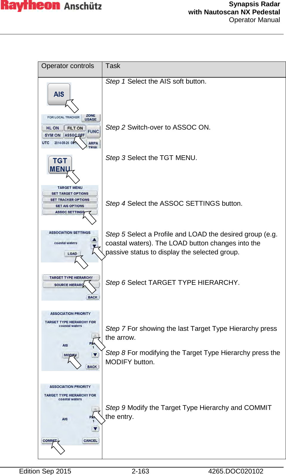  Synapsis Radar  with Nautoscan NX Pedestal Operator Manual    Edition Sep 2015 2-163 4265.DOC020102  Operator controls Task                           Step 1 Select the AIS soft button.   Step 2 Switch-over to ASSOC ON.  Step 3 Select the TGT MENU.   Step 4 Select the ASSOC SETTINGS button.  Step 5 Select a Profile and LOAD the desired group (e.g. coastal waters). The LOAD button changes into the passive status to display the selected group.  Step 6 Select TARGET TYPE HIERARCHY.   Step 7 For showing the last Target Type Hierarchy press the arrow.  Step 8 For modifying the Target Type Hierarchy press the MODIFY button.   Step 9 Modify the Target Type Hierarchy and COMMIT the entry.    