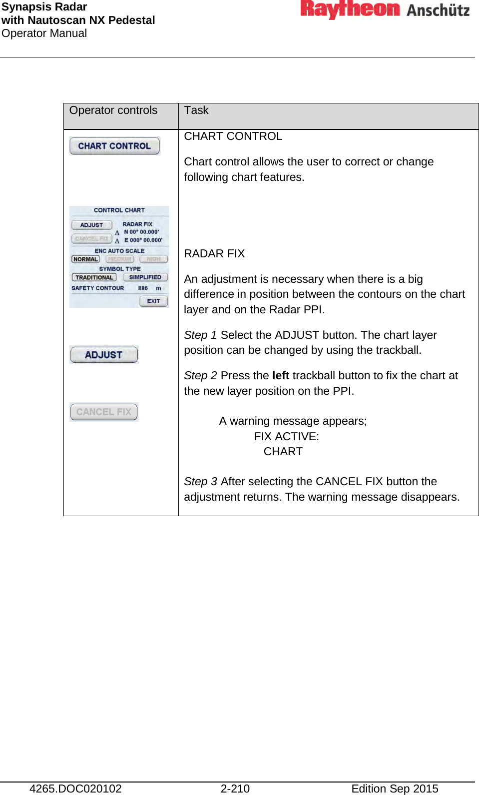Synapsis Radar  with Nautoscan NX Pedestal Operator Manual     4265.DOC020102 2-210 Edition Sep 2015  Operator controls Task         CHART CONTROL Chart control allows the user to correct or change following chart features.   RADAR FIX An adjustment is necessary when there is a big difference in position between the contours on the chart layer and on the Radar PPI. Step 1 Select the ADJUST button. The chart layer position can be changed by using the trackball. Step 2 Press the left trackball button to fix the chart at the new layer position on the PPI.             A warning message appears;                        FIX ACTIVE:                          CHART   Step 3 After selecting the CANCEL FIX button the adjustment returns. The warning message disappears. 