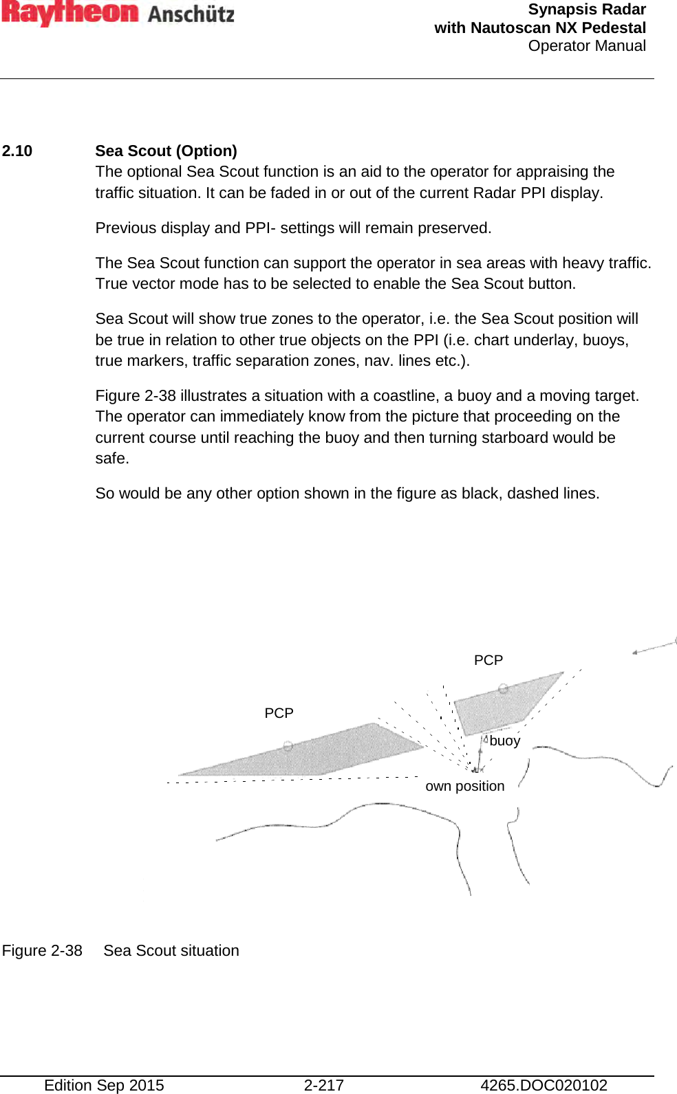  Synapsis Radar  with Nautoscan NX Pedestal Operator Manual    Edition Sep 2015 2-217 4265.DOC020102  2.10  Sea Scout (Option) The optional Sea Scout function is an aid to the operator for appraising the traffic situation. It can be faded in or out of the current Radar PPI display. Previous display and PPI- settings will remain preserved. The Sea Scout function can support the operator in sea areas with heavy traffic. True vector mode has to be selected to enable the Sea Scout button. Sea Scout will show true zones to the operator, i.e. the Sea Scout position will be true in relation to other true objects on the PPI (i.e. chart underlay, buoys, true markers, traffic separation zones, nav. lines etc.). Figure 2-38 illustrates a situation with a coastline, a buoy and a moving target. The operator can immediately know from the picture that proceeding on the current course until reaching the buoy and then turning starboard would be safe. So would be any other option shown in the figure as black, dashed lines.             Figure 2-38 Sea Scout situation    PCP PCP buoy own position 