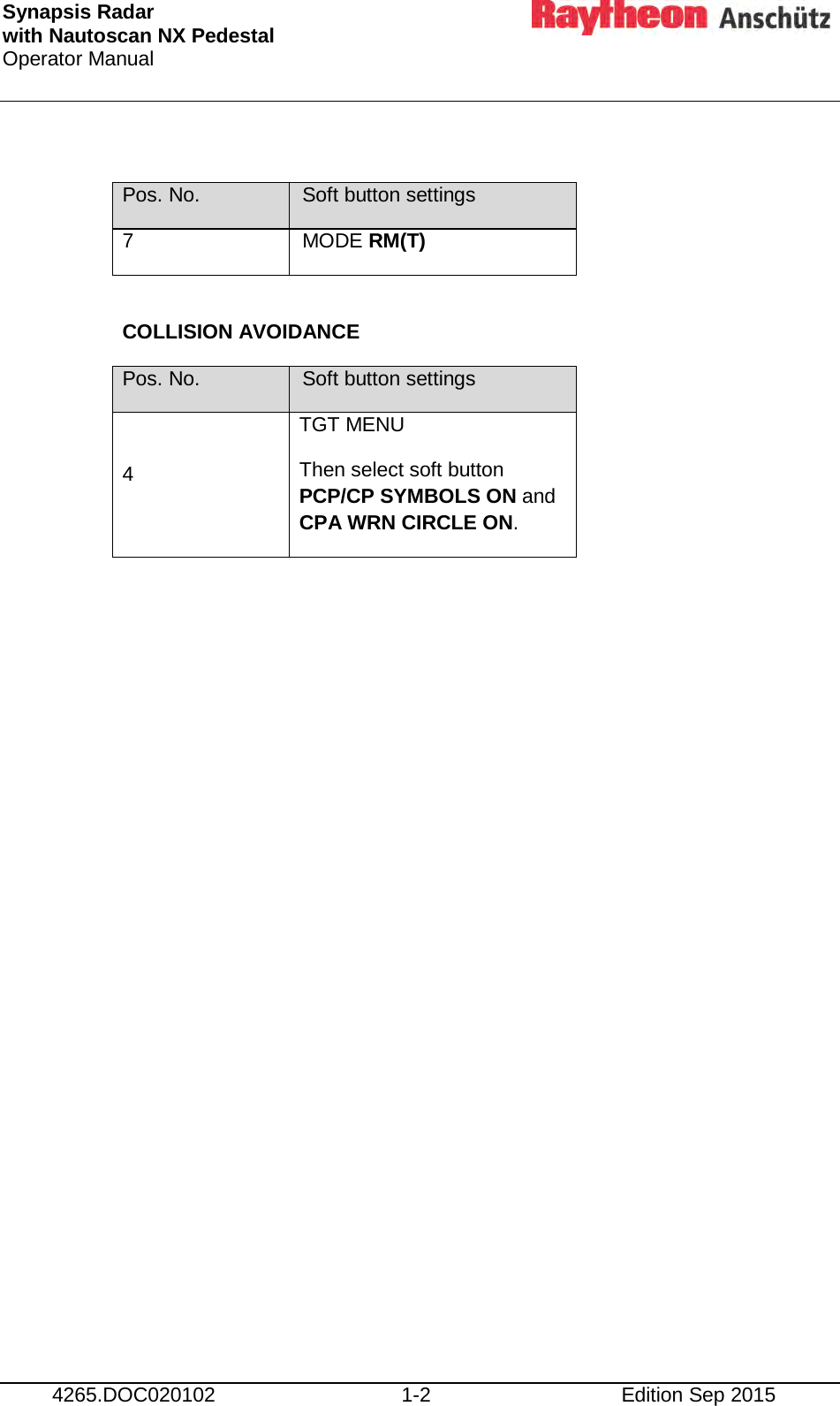 Synapsis Radar  with Nautoscan NX Pedestal Operator Manual      4265.DOC020102 1-2 Edition Sep 2015  Pos. No. Soft button settings 7 MODE RM(T)  COLLISION AVOIDANCE Pos. No. Soft button settings 4 TGT MENU  Then select soft button PCP/CP SYMBOLS ON and CPA WRN CIRCLE ON.     