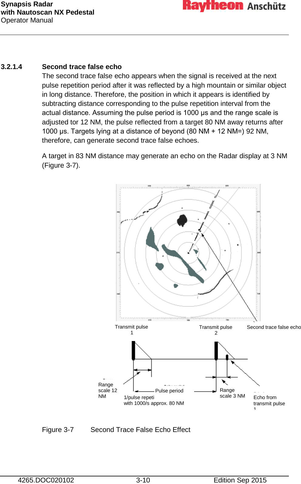 Synapsis Radar  with Nautoscan NX Pedestal Operator Manual     4265.DOC020102 3-10 Edition Sep 2015  3.2.1.4  Second trace false echo The second trace false echo appears when the signal is received at the next pulse repetition period after it was reflected by a high mountain or similar object in long distance. Therefore, the position in which it appears is identified by subtracting distance corresponding to the pulse repetition interval from the actual distance. Assuming the pulse period is 1000 μs and the range scale is adjusted tor 12 NM, the pulse reflected from a target 80 NM away returns after 1000 μs. Targets lying at a distance of beyond (80 NM + 12 NM=) 92 NM, therefore, can generate second trace false echoes. A target in 83 NM distance may generate an echo on the Radar display at 3 NM (Figure 3-7).                 Figure 3-7  Second Trace False Echo Effect    Second trace false echo  Transmit pulse            2  Transmit pulse            1  Echo from transmit pulse 1  Range  scale 3 NM 1/pulse repetition frequency with 1000/s approx. 80 NM  Range scale 12 NM Pulse period 