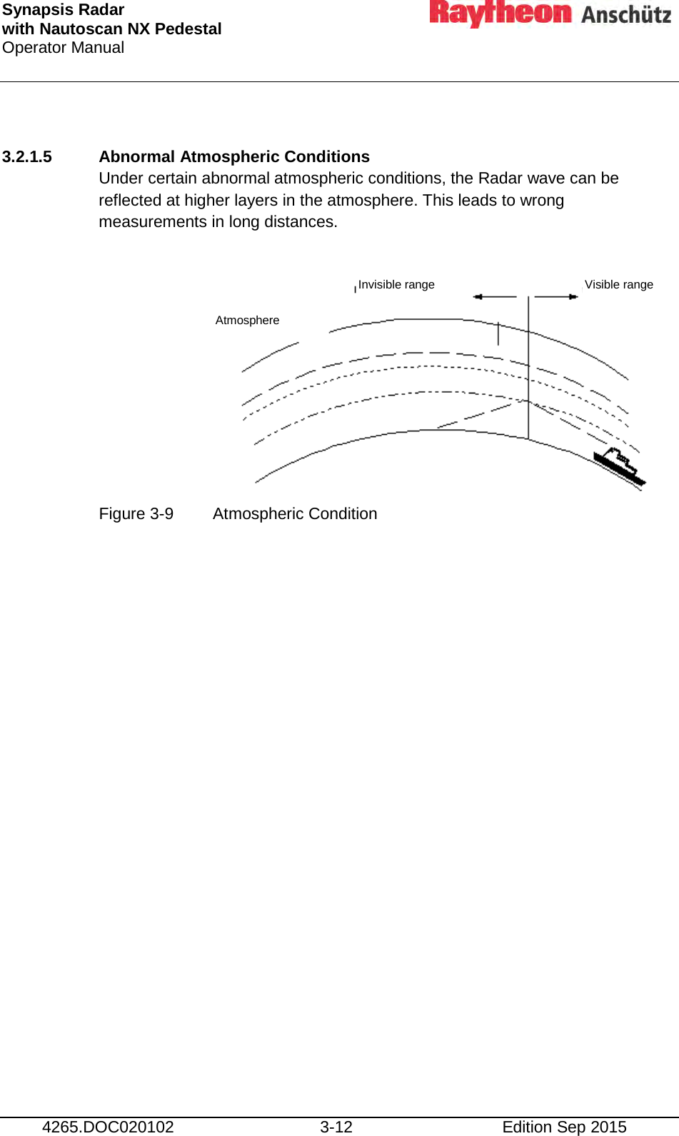 Synapsis Radar  with Nautoscan NX Pedestal Operator Manual     4265.DOC020102 3-12 Edition Sep 2015  3.2.1.5 Abnormal Atmospheric Conditions Under certain abnormal atmospheric conditions, the Radar wave can be reflected at higher layers in the atmosphere. This leads to wrong measurements in long distances.        Figure 3-9  Atmospheric Condition    Atmosphere Invisible range Visible range 