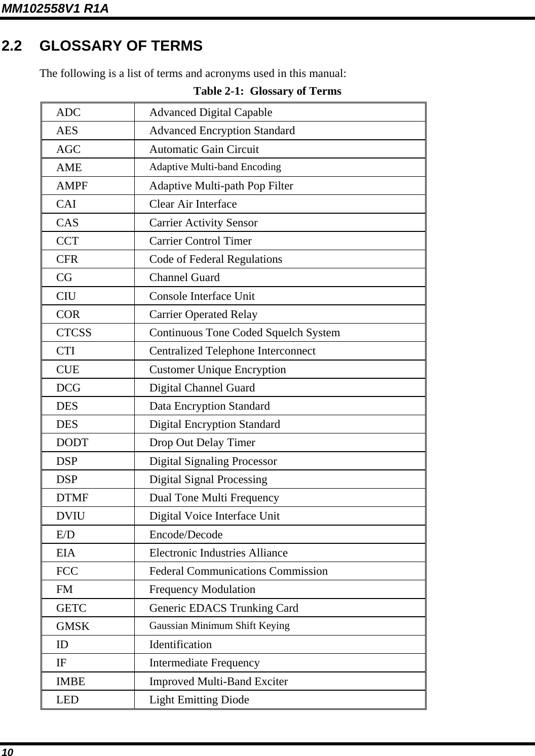 MM102558V1 R1A 2.2  GLOSSARY OF TERMS The following is a list of terms and acronyms used in this manual: Table 2-1:  Glossary of Terms ADC  Advanced Digital Capable AES  Advanced Encryption Standard AGC  Automatic Gain Circuit AME  Adaptive Multi-band Encoding AMPF  Adaptive Multi-path Pop Filter CAI  Clear Air Interface CAS  Carrier Activity Sensor CCT  Carrier Control Timer CFR  Code of Federal Regulations CG Channel Guard CIU  Console Interface Unit COR  Carrier Operated Relay CTCSS  Continuous Tone Coded Squelch System CTI  Centralized Telephone Interconnect CUE  Customer Unique Encryption DCG  Digital Channel Guard DES  Data Encryption Standard DES  Digital Encryption Standard DODT  Drop Out Delay Timer DSP  Digital Signaling Processor DSP  Digital Signal Processing DTMF  Dual Tone Multi Frequency DVIU  Digital Voice Interface Unit E/D Encode/Decode EIA  Electronic Industries Alliance FCC  Federal Communications Commission FM Frequency Modulation GETC  Generic EDACS Trunking Card GMSK  Gaussian Minimum Shift Keying ID Identification IF Intermediate Frequency IMBE  Improved Multi-Band Exciter LED  Light Emitting Diode 10 