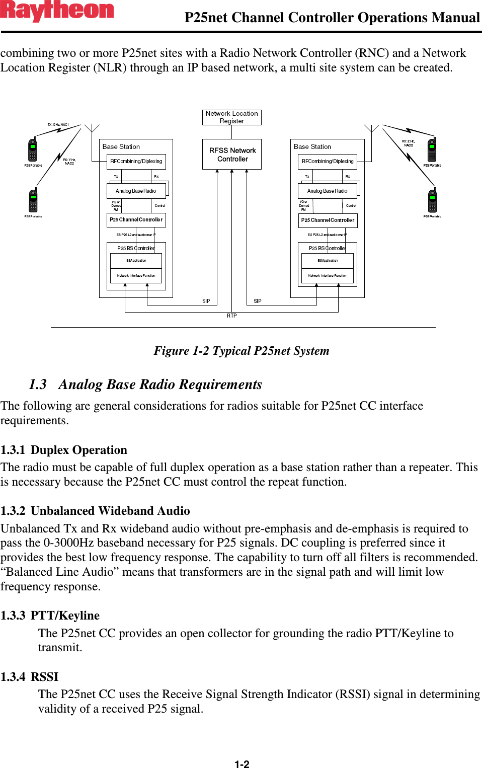                P25net Channel Controller Operations Manual  1-2  combining two or more P25net sites with a Radio Network Controller (RNC) and a Network Location Register (NLR) through an IP based network, a multi site system can be created.   Figure 1-2 Typical P25net System 1.3 Analog Base Radio Requirements The following are general considerations for radios suitable for P25net CC interface requirements. 1.3.1 Duplex Operation The radio must be capable of full duplex operation as a base station rather than a repeater. This is necessary because the P25net CC must control the repeat function. 1.3.2 Unbalanced Wideband Audio Unbalanced Tx and Rx wideband audio without pre-emphasis and de-emphasis is required to pass the 0-3000Hz baseband necessary for P25 signals. DC coupling is preferred since it provides the best low frequency response. The capability to turn off all filters is recommended. “Balanced Line Audio” means that transformers are in the signal path and will limit low frequency response. 1.3.3 PTT/Keyline The P25net CC provides an open collector for grounding the radio PTT/Keyline to transmit. 1.3.4 RSSI The P25net CC uses the Receive Signal Strength Indicator (RSSI) signal in determining validity of a received P25 signal. 