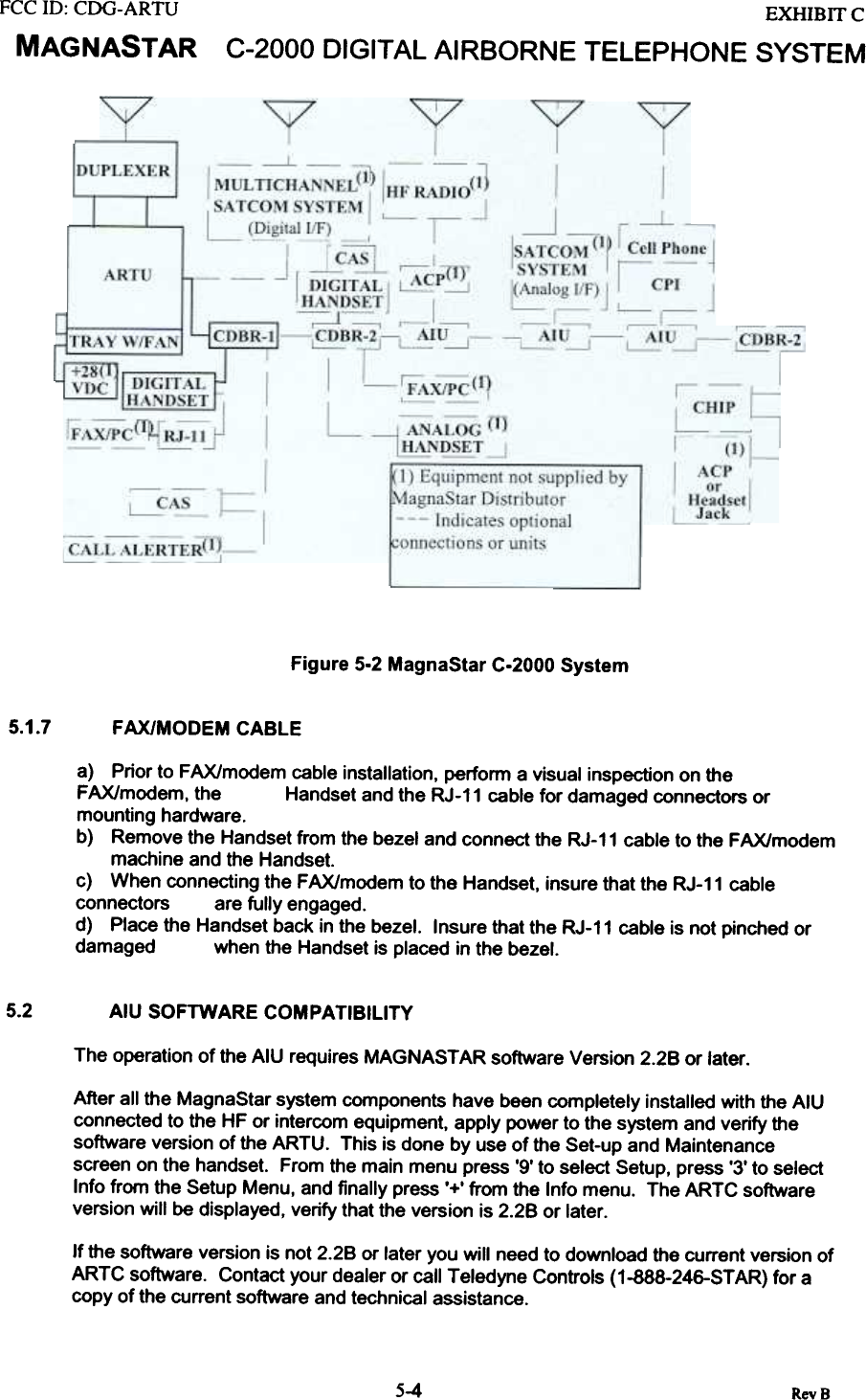 FCC ill:  CDG-ARTUMAGNASTAR EXHIBIT CC-2000  DIGITAL AIRBORNE  TELEPHONE  SYSTEMFigure 5-2 MagnaStar C-2000 System5.1.7 FAX/MODEM CABLEa)  Prior to FAX/modem cable installation, perform a visual inspection on theFAX/modem, the  Handset and the RJ-11 cable for damaged connectors ormounting hardware.b)  Remove the Handset from the bezel and connect the RJ-11 cable to the FAX/modemmachine and the Handset.c)  When connecting the FAX/modem to the Handset, insure that the RJ-11 cableconnectors  are fully engaged.d)  Place the Handset back in the bezel.  Insure that the RJ-11 cable is not pinched ordamaged  when the Handset is placed in the bezel.5.2 AIU SOFTWARE COMPATIBILITYThe operation of the AIU requires MAGNAST AR software Version 2.28 or later.After  all the  MagnaStar  system  components  have  been completely  installed  with the AIUconnected  to the  HF or intercom  equipment.  apply  power  to the system  and verify  thesoftware  version  of the ARTU.  This  is done  by use of the Set-up  and  Maintenancescreen  on the  handset.  From the main  menu  press  &apos;9&apos; to select  Setup,  press  &apos;3&apos; to selectInfo from  the  Setup  Menu,  and finally  press  &apos;+&apos; from  the  Info menu.  The  ARTC  softwareversion  will  be displayed,  verify  that the  version  is 2.28  or later.If the software  version  is not 2.28  or later  you will  need to download  the current  version  ofARTC  software.  Contact  your  dealer  or call Teledyne  Controls  (1-888-246-STAR)  for acopy  of the current  software  and technical  assistance.5-4 RevB