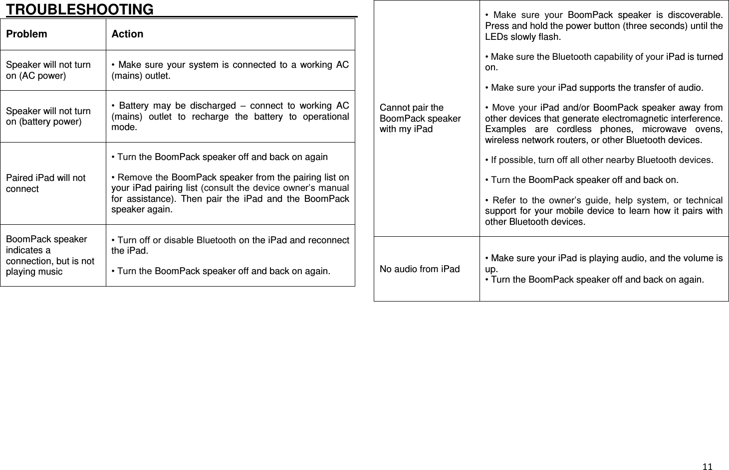  11 TROUBLESHOOTING                                                                 Problem Action Speaker will not turn on (AC power) •  Make sure  your system  is  connected to  a  working AC (mains) outlet. Speaker will not turn on (battery power) •  Battery  may  be  discharged  –  connect  to  working  AC (mains)  outlet  to  recharge  the  battery  to  operational mode. Paired iPad will not connect • Turn the BoomPack speaker off and back on again • Remove the BoomPack speaker from the pairing list on your iPad pairing list (consult the device owner’s manual for  assistance).  Then  pair  the  iPad  and  the  BoomPack speaker again. BoomPack speaker indicates a connection, but is not playing music • Turn off or disable Bluetooth on the iPad and reconnect the iPad. • Turn the BoomPack speaker off and back on again. Cannot pair the BoomPack speaker with my iPad •  Make  sure  your  BoomPack  speaker  is  discoverable. Press and hold the power button (three seconds) until the LEDs slowly flash. • Make sure the Bluetooth capability of your iPad is turned on. • Make sure your iPad supports the transfer of audio. •  Move  your iPad  and/or  BoomPack  speaker away from other devices that generate electromagnetic interference. Examples  are  cordless  phones,  microwave  ovens, wireless network routers, or other Bluetooth devices. • If possible, turn off all other nearby Bluetooth devices. • Turn the BoomPack speaker off and back on. •  Refer  to  the  owner’s  guide,  help  system,  or  technical support for  your mobile  device to  learn how it pairs  with other Bluetooth devices. No audio from iPad • Make sure your iPad is playing audio, and the volume is up. • Turn the BoomPack speaker off and back on again. 