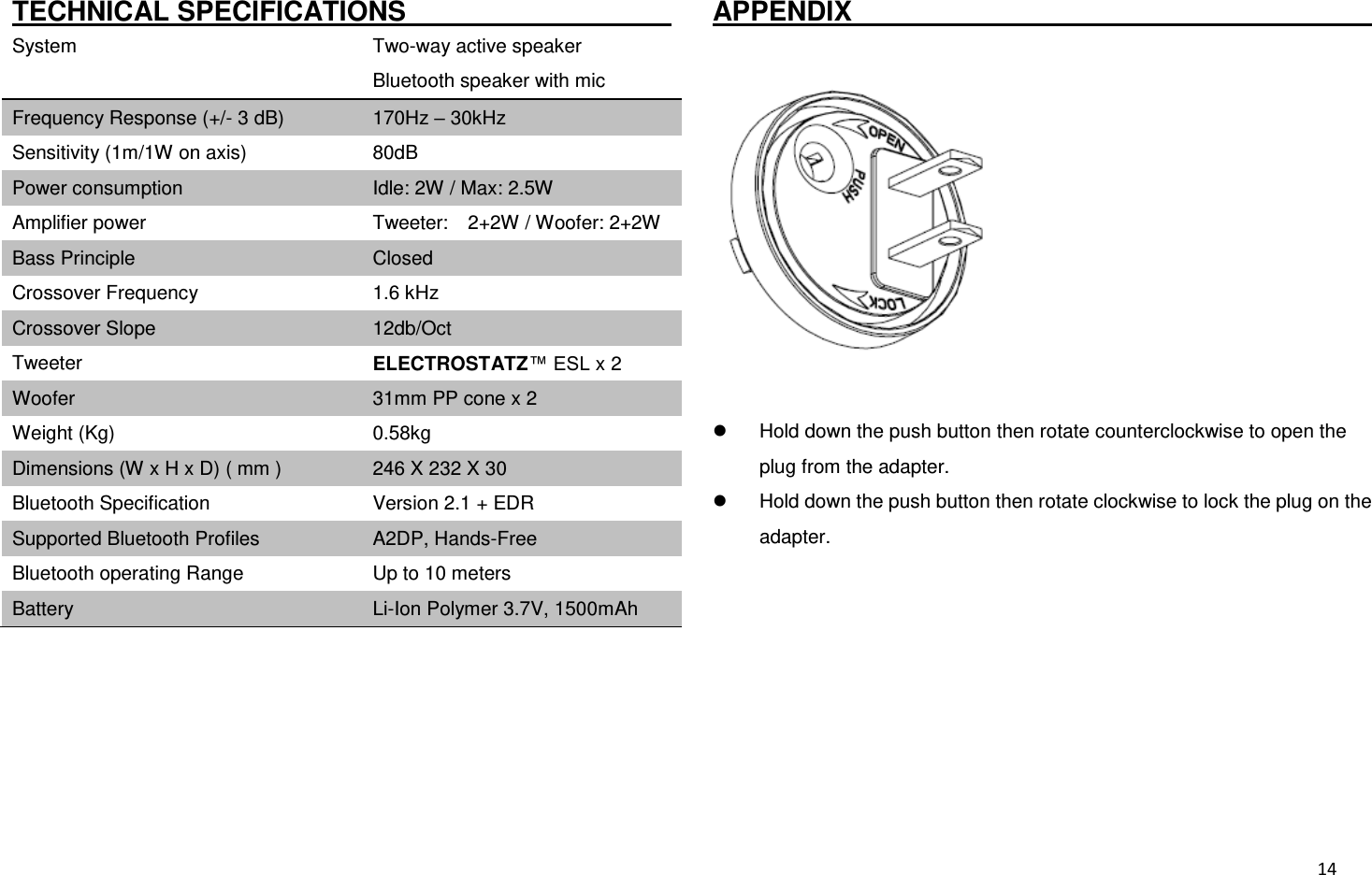  14 TECHNICAL SPECIFICATIONS                                                   System   Two-way active speaker Bluetooth speaker with mic Frequency Response (+/- 3 dB) 170Hz – 30kHz Sensitivity (1m/1W on axis) 80dB Power consumption Idle: 2W / Max: 2.5W Amplifier power Tweeter:    2+2W / Woofer: 2+2W Bass Principle Closed Crossover Frequency 1.6 kHz Crossover Slope   12db/Oct Tweeter ELECTROSTATZ™ ESL x 2 Woofer 31mm PP cone x 2 Weight (Kg) 0.58kg Dimensions (W x H x D) ( mm ) 246 X 232 X 30 Bluetooth Specification Version 2.1 + EDR Supported Bluetooth Profiles A2DP, Hands-Free Bluetooth operating Range Up to 10 meters Battery Li-Ion Polymer 3.7V, 1500mAh   APPENDIX                                             Hold down the push button then rotate counterclockwise to open the plug from the adapter.   Hold down the push button then rotate clockwise to lock the plug on the adapter. 