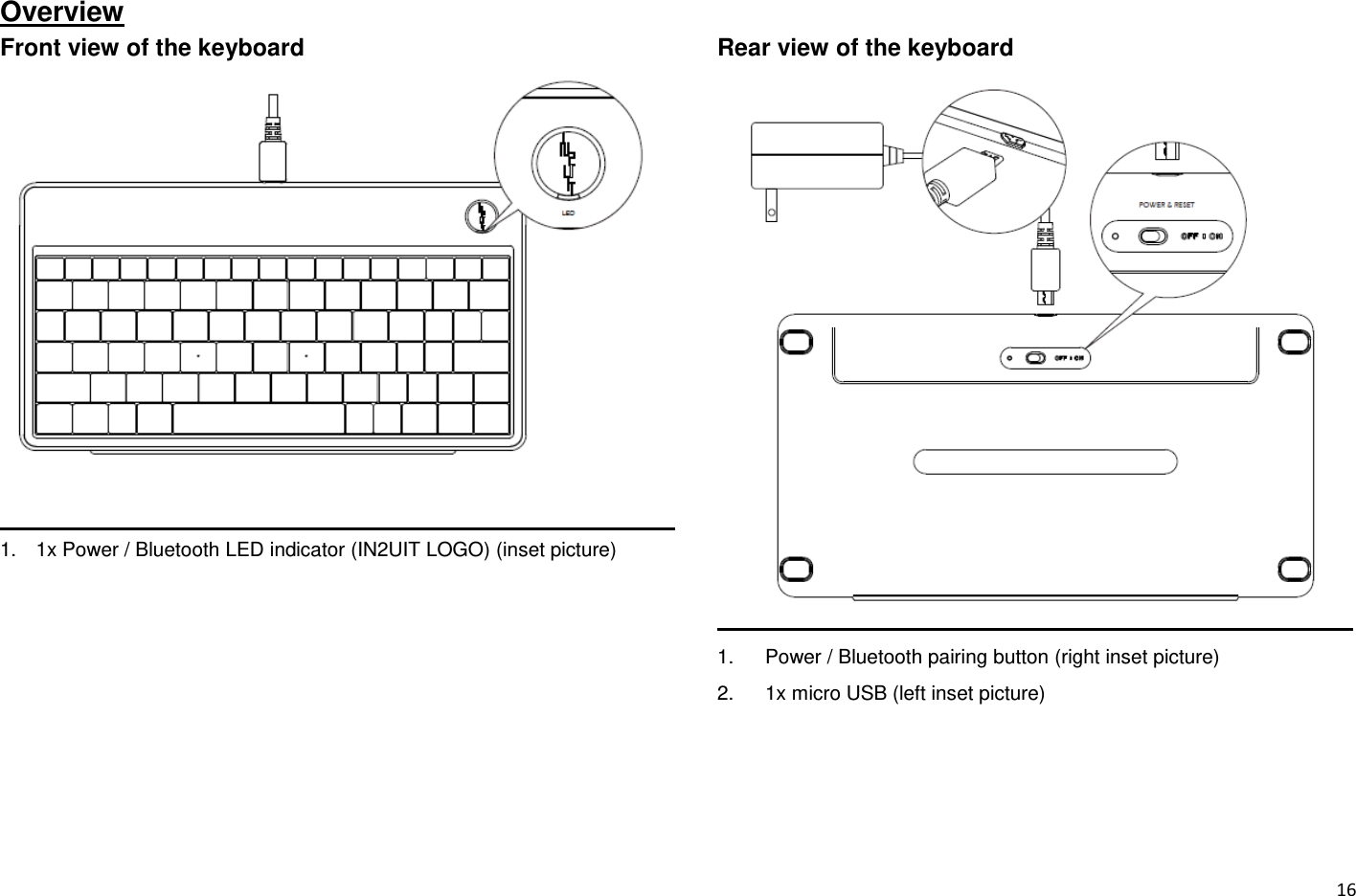  16 Overview Front view of the keyboard  1.  1x Power / Bluetooth LED indicator (IN2UIT LOGO) (inset picture)  Rear view of the keyboard  1.  Power / Bluetooth pairing button (right inset picture) 2.  1x micro USB (left inset picture) 