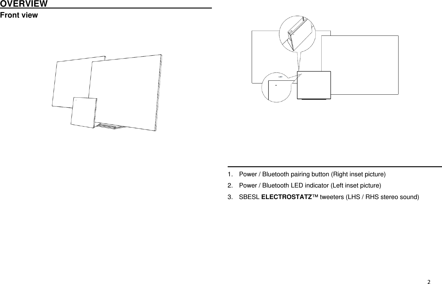  2OVERVIEW                                      Front view                                                                 1.  Power / Bluetooth pairing button (Right inset picture) 2.  Power / Bluetooth LED indicator (Left inset picture) 3. SBESL ELECTROSTATZ™ tweeters (LHS / RHS stereo sound)