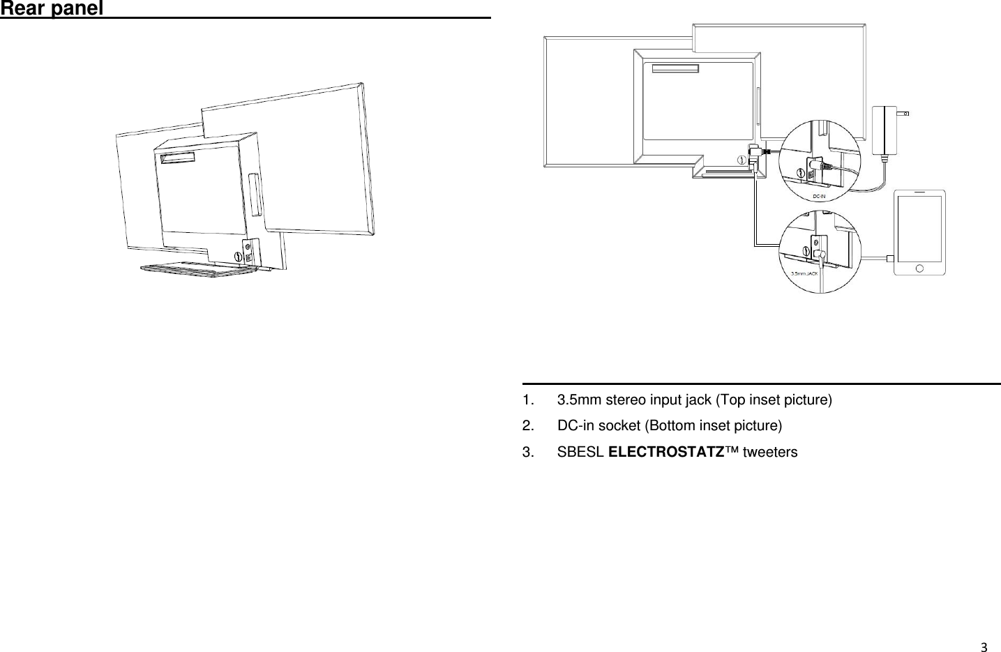  3Rear panel                                                                                        1.  3.5mm stereo input jack (Top inset picture) 2.  DC-in socket (Bottom inset picture) 3. SBESL ELECTROSTATZ™ tweeters 