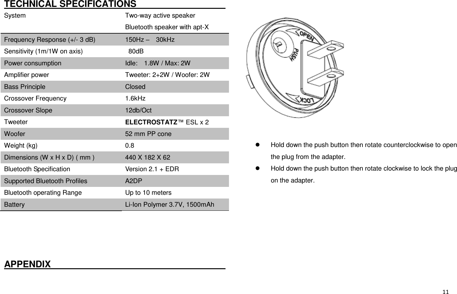  11 TECHNICAL SPECIFICATIONS                     System   Two-way active speaker Bluetooth speaker with apt-X Frequency Response (+/- 3 dB) 150Hz –    30kHz Sensitivity (1m/1W on axis)  80dB Power consumption Idle:    1.8W / Max: 2W Amplifier power Tweeter: 2+2W / Woofer: 2W Bass Principle Closed Crossover Frequency 1.6kHz Crossover Slope   12db/Oct Tweeter ELECTROSTATZ™ ESL x 2 Woofer 52 mm PP cone Weight (kg) 0.8 Dimensions (W x H x D) ( mm ) 440 X 182 X 62 Bluetooth Specification Version 2.1 + EDR Supported Bluetooth Profiles A2DP Bluetooth operating Range Up to 10 meters Battery Li-Ion Polymer 3.7V, 1500mAh     APPENDIX                                                                                    Hold down the push button then rotate counterclockwise to open the plug from the adapter.   Hold down the push button then rotate clockwise to lock the plug on the adapter. 