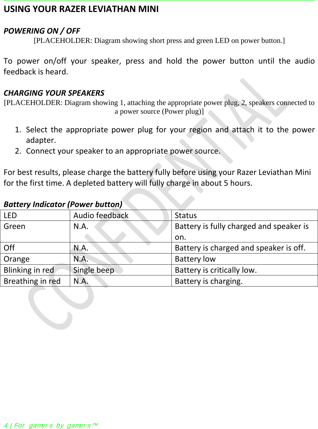   USING YOUR RAZER LEVIATHAN MINI  POWERING ON / OFF [PLACEHOLDER: Diagram showing short press and green LED on power button.]  To  power on/off your speaker, press  and hold the power button until the audio feedback is heard.  CHARGING YOUR SPEAKERS [PLACEHOLDER: Diagram showing 1, attaching the appropriate power plug, 2, speakers connected to a power source (Power plug)]  1. Select the appropriate power plug for your region and attach it to the power adapter. 2. Connect your speaker to an appropriate power source.  For best results, please charge the battery fully before using your Razer Leviathan Mini for the first time. A depleted battery will fully charge in about 5 hours.  Battery Indicator (Power button) LED Audio feedback Status Green N.A. Battery is fully charged and speaker is on. Off N.A. Battery is charged and speaker is off. Orange N.A. Battery low Blinking in red Single beep Battery is critically low. Breathing in red N.A. Battery is charging.  4  | For  gamer s by gamer s™ 