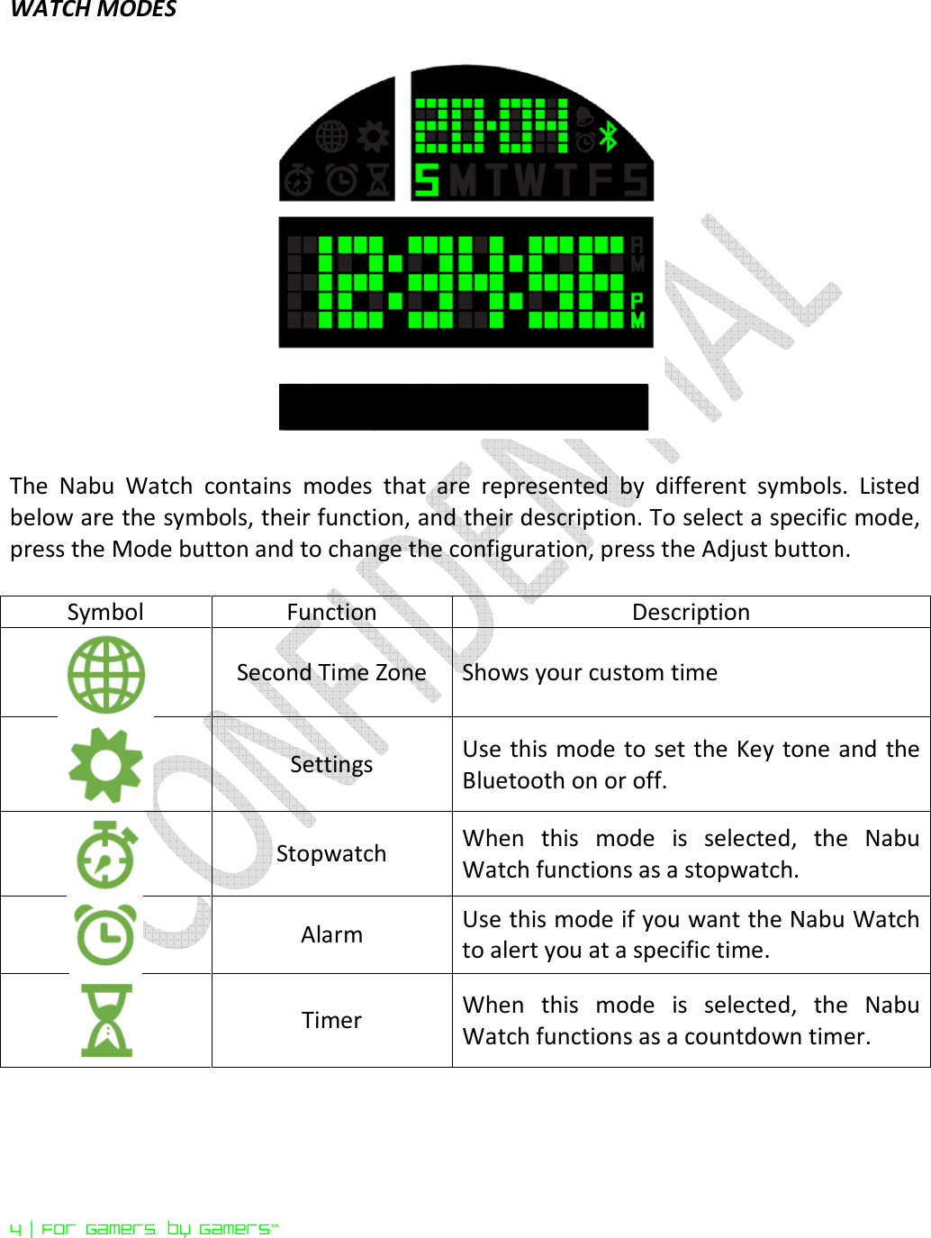  4 | For gamers. by gamers™  WATCH MODES    The  Nabu  Watch  contains  modes  that  are  represented  by  different  symbols.  Listed below are the symbols, their function, and their description. To select a specific mode, press the Mode button and to change the configuration, press the Adjust button.    Symbol Function Description  Second Time Zone  Shows your custom time  Settings  Use this mode to set the Key tone and the Bluetooth on or off.  Stopwatch   When  this  mode  is  selected,  the  Nabu Watch functions as a stopwatch.   Alarm  Use this mode if you want the Nabu Watch to alert you at a specific time.   Timer  When  this  mode  is  selected,  the  Nabu Watch functions as a countdown timer.      