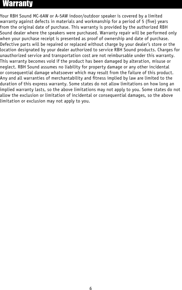 Page 7 of 8 - Rbh-Sound Rbh-Sound-Two-Way-Indoor-Outdoor-A-5Aw-Users-Manual-  Rbh-sound-two-way-indoor-outdoor-a-5aw-users-manual