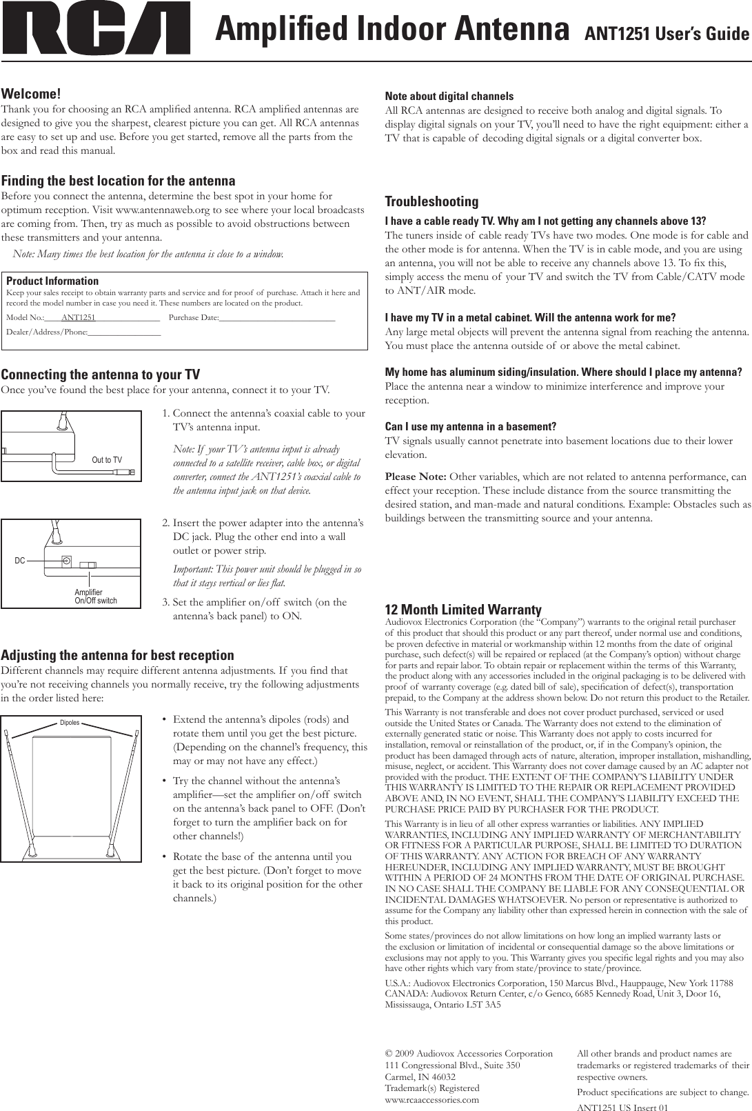 Page 1 of 2 - Rca Rca-Ant1251R-Users-Manual-  Rca-ant1251r-users-manual