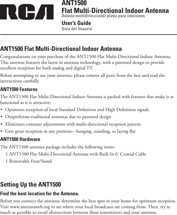 Page 1 of 8 - Rca Rca-Ant1500-Owner-S-Manual