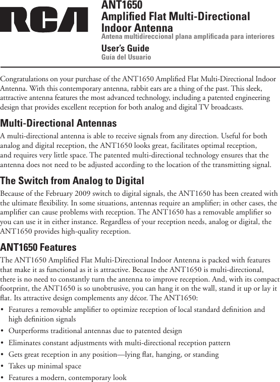 Page 1 of 12 - Rca Rca-Ant1650F-Users-Manual-  Rca-ant1650f-users-manual