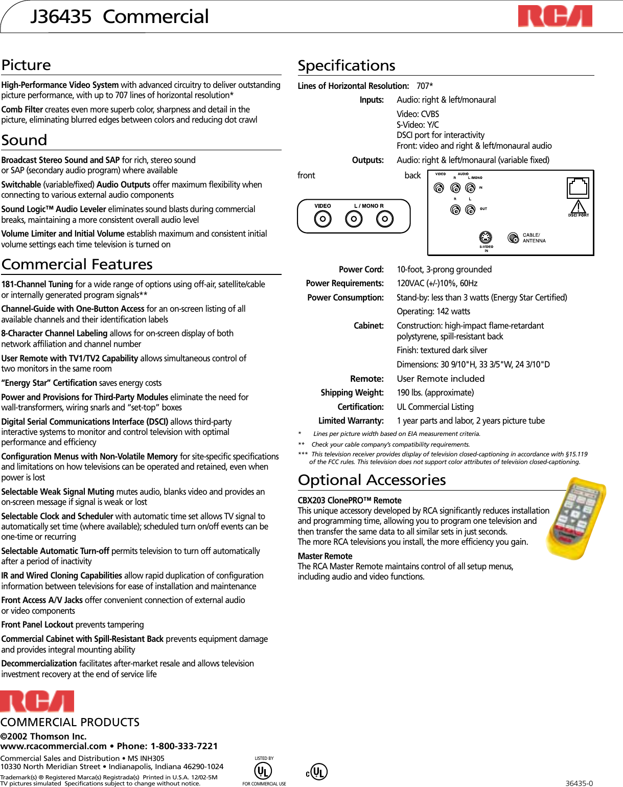 Page 2 of 2 - Rca Rca-J36435-Users-Manual- RCA41426 CommSpecJ36435  Rca-j36435-users-manual