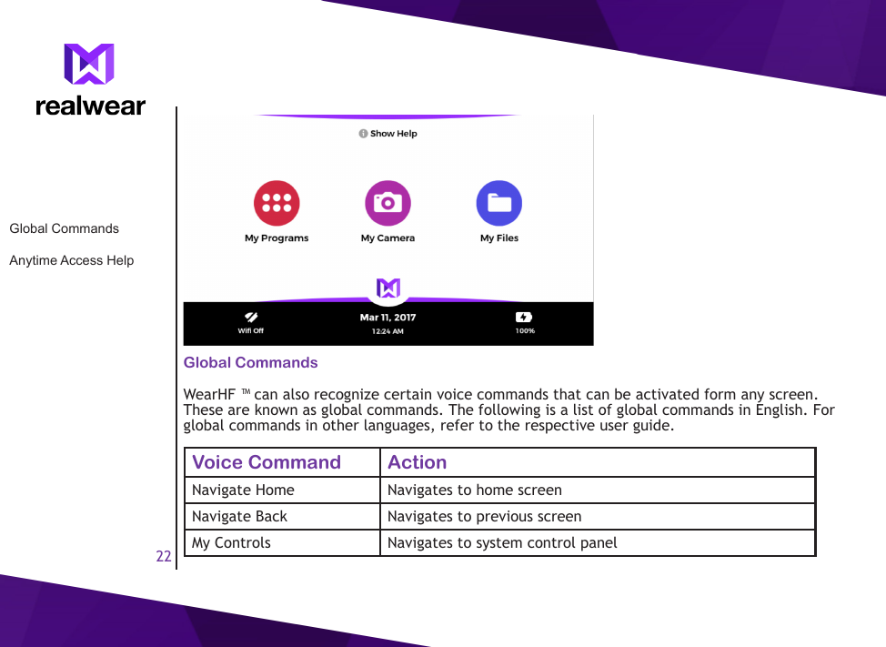 22Global CommandsWearHF &trade; can also recognize certain voice commands that can be activated form any screen.  These are known as global commands. The following is a list of global commands in English. For global commands in other languages, refer to the respective user guide.Voice Command ActionNavigate Home Navigates to home screenNavigate Back Navigates to previous screenMy Controls Navigates to system control panelGlobal CommandsAnytime Access Help