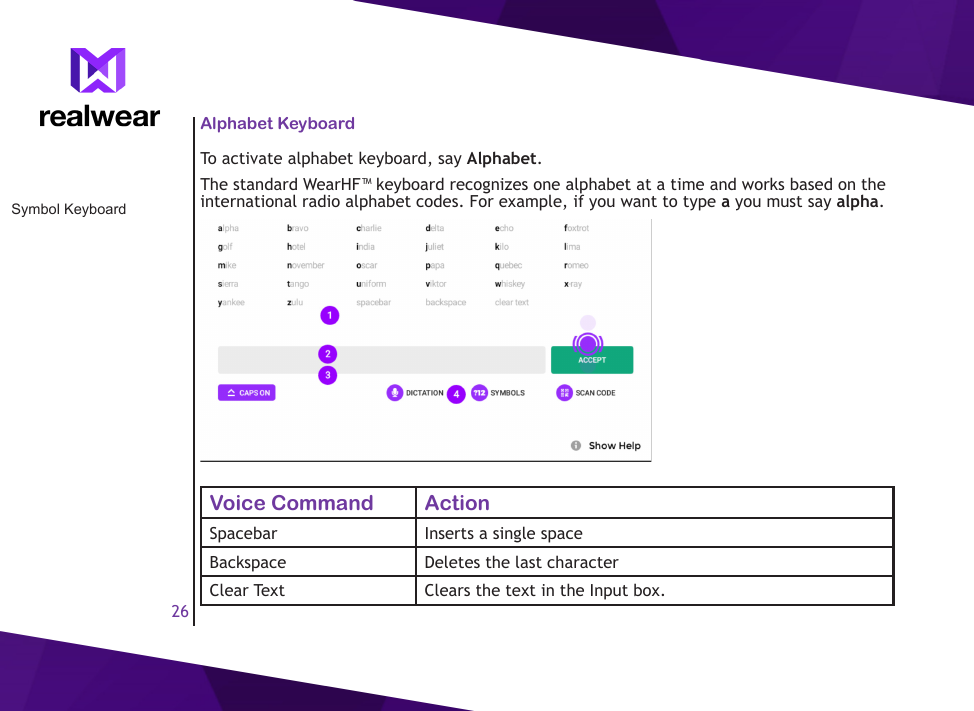 26Symbol KeyboardAlphabet KeyboardTo activate alphabet keyboard, say Alphabet.The standard WearHF&trade; keyboard recognizes one alphabet at a time and works based on the international radio alphabet codes. For example, if you want to type a you must say alpha.Voice Command ActionSpacebar Inserts a single spaceBackspace Deletes the last characterClear Text Clears the text in the Input box.