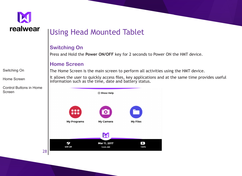 28Using Head Mounted TabletSwitching OnPress and Hold the Power ON/OFF key for 2 seconds to Power ON the HMT device.Home ScreenThe Home Screen is the main screen to perform all activities using the HMT device. It allows the user to quickly access les, key applications and at the same time provides useful information such as the time, date and battery status.Switching OnHome ScreenControl Buttons in Home Screen