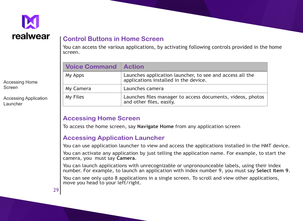 29Control Buttons in Home ScreenYou can access the various applications, by activating following controls provided in the home screen.Voice Command ActionMy Apps Launches application launcher, to see and access all the applications installed in the device.My Camera Launches cameraMy Files Launches les manager to access documents, videos, photos and other les, easily.Accessing Home ScreenTo access the home screen, say Navigate Home from any application screenAccessing Application LauncherYou can use application launcher to view and access the applications installed in the HMT device.You can activate any application by just telling the application name. For example, to start the camera, you  must say Camera.You can launch applications with unrecognizable or unpronounceable labels, using their index number. For example, to launch an application with index number 9, you must say Select Item 9.You can see only upto 8 applications in a single screen. To scroll and view other applications, move you head to your left/right.Accessing Home ScreenAccessing Application Launcher