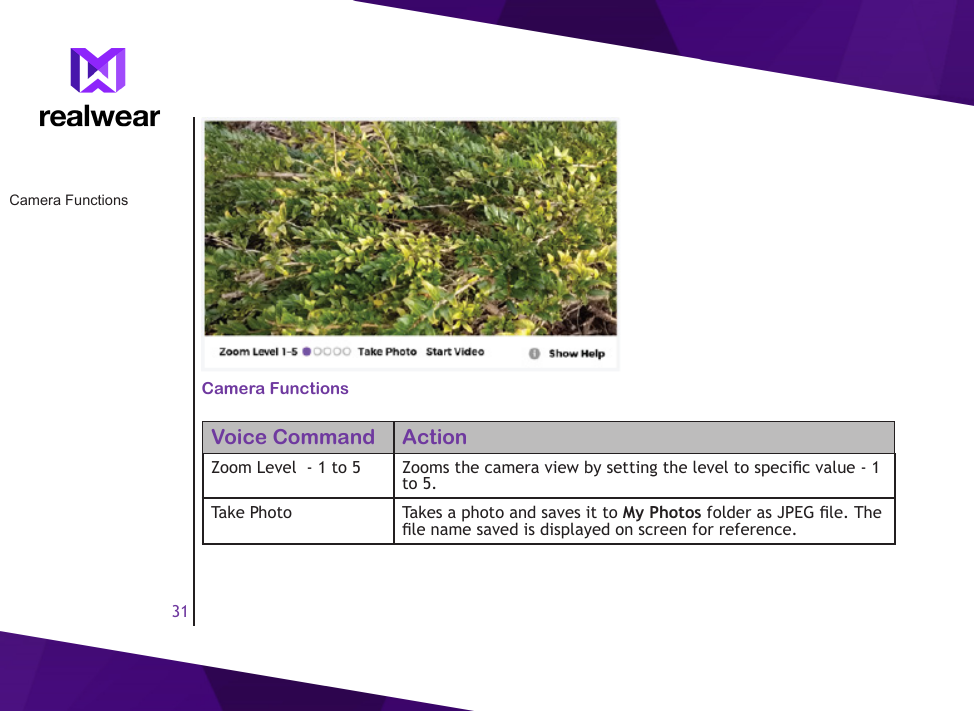 31Camera FunctionsVoice Command ActionZoom Level  - 1 to 5  Zooms the camera view by setting the level to specic value - 1 to 5.Take Photo Takes a photo and saves it to My Photos folder as JPEG le. The le name saved is displayed on screen for reference.Camera Functions