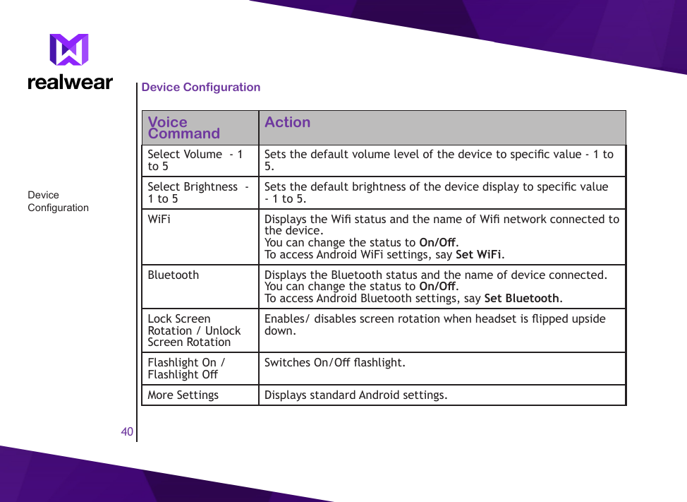 40Device ConfigurationVoice Command ActionSelect Volume  - 1 to 5  Sets the default volume level of the device to specic value - 1 to 5.Select Brightness  - 1 to 5  Sets the default brightness of the device display to specic value - 1 to 5.WiFi Displays the Wi status and the name of Wi network connected to the device.You can change the status to On/O.To access Android WiFi settings, say Set WiFi.Bluetooth Displays the Bluetooth status and the name of device connected.You can change the status to On/O.To access Android Bluetooth settings, say Set Bluetooth.Lock Screen Rotation / Unlock Screen Rotation Enables/ disables screen rotation when headset is ipped upside down.Flashlight On / Flashlight O  Switches On/O ashlight.More Settings Displays standard Android settings.Device Conguration