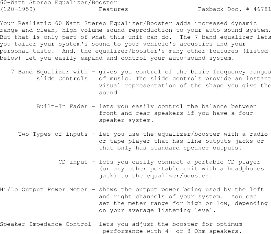 Page 1 of 9 - Realistic Realistic-120-1959-Users-Manual- 60-Watt Stereo Equalizer/Booster  Realistic-120-1959-users-manual