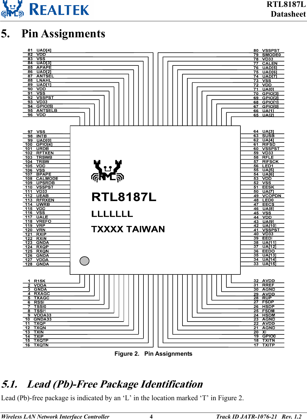 RTL8187L Datasheet Wireless LAN Network Interface Controller                           4                                          Track ID JATR-1076-21   Rev. 1.2  5. Pin Assignments  Figure 2.   Pin Assignments   5.1. Lead (Pb)-Free Package Identification Lead (Pb)-free package is indicated by an ‘L’ in the location marked ‘T’ in Figure 2.  
