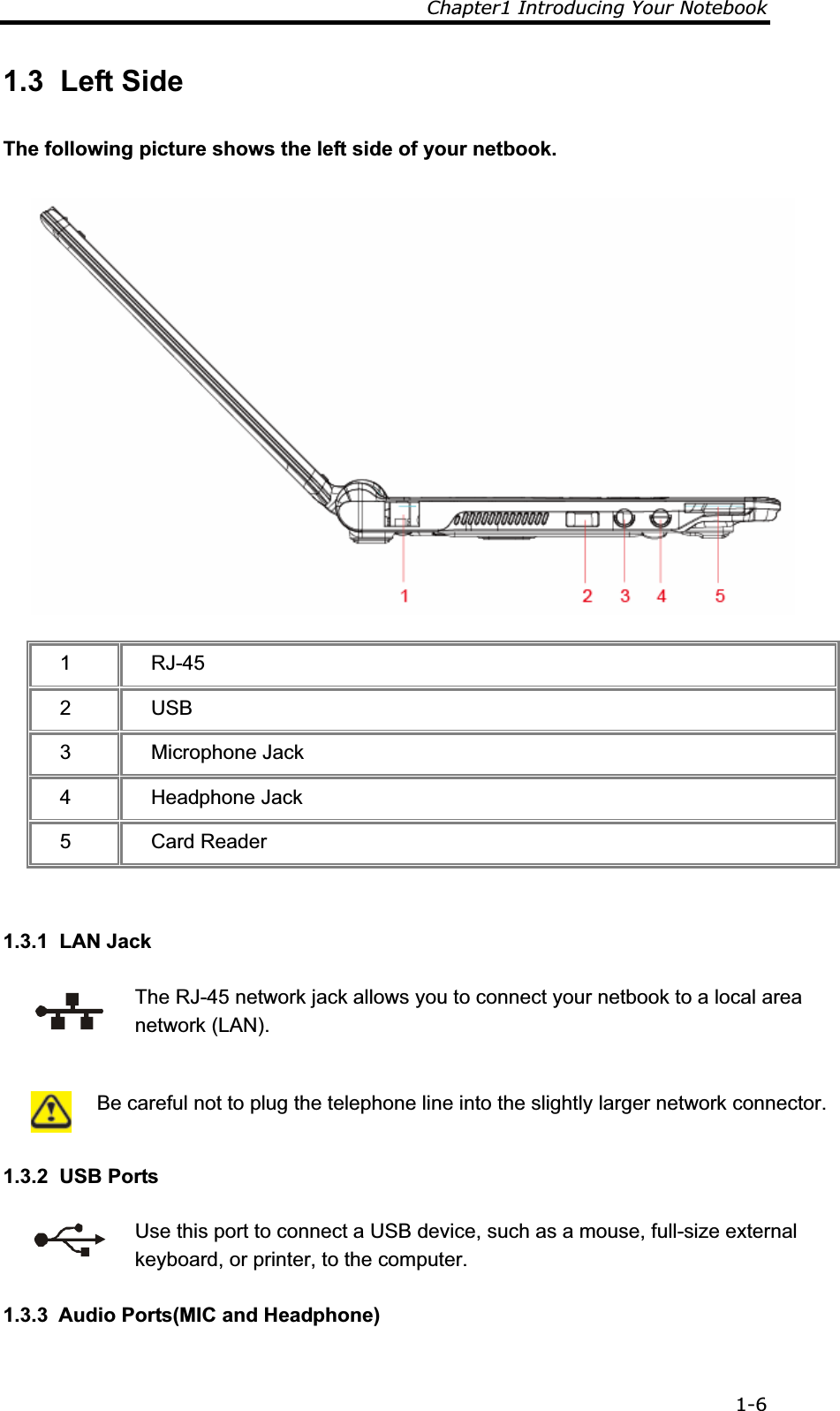 Chapter1 Introducing Your Notebook 1-61.3  Left Side The following picture shows the left side of your netbook.  1 RJ-45 2 USB 3  Microphone Jack 4  Headphone Jack 5 Card Reader 1.3.1  LAN Jack  The RJ-45 network jack allows you to connect your netbook to a local area network (LAN).   Be careful not to plug the telephone line into the slightly larger network connector.1.3.2  USB Ports  Use this port to connect a USB device, such as a mouse, full-size external keyboard, or printer, to the computer. 1.3.3  Audio Ports(MIC and Headphone) 