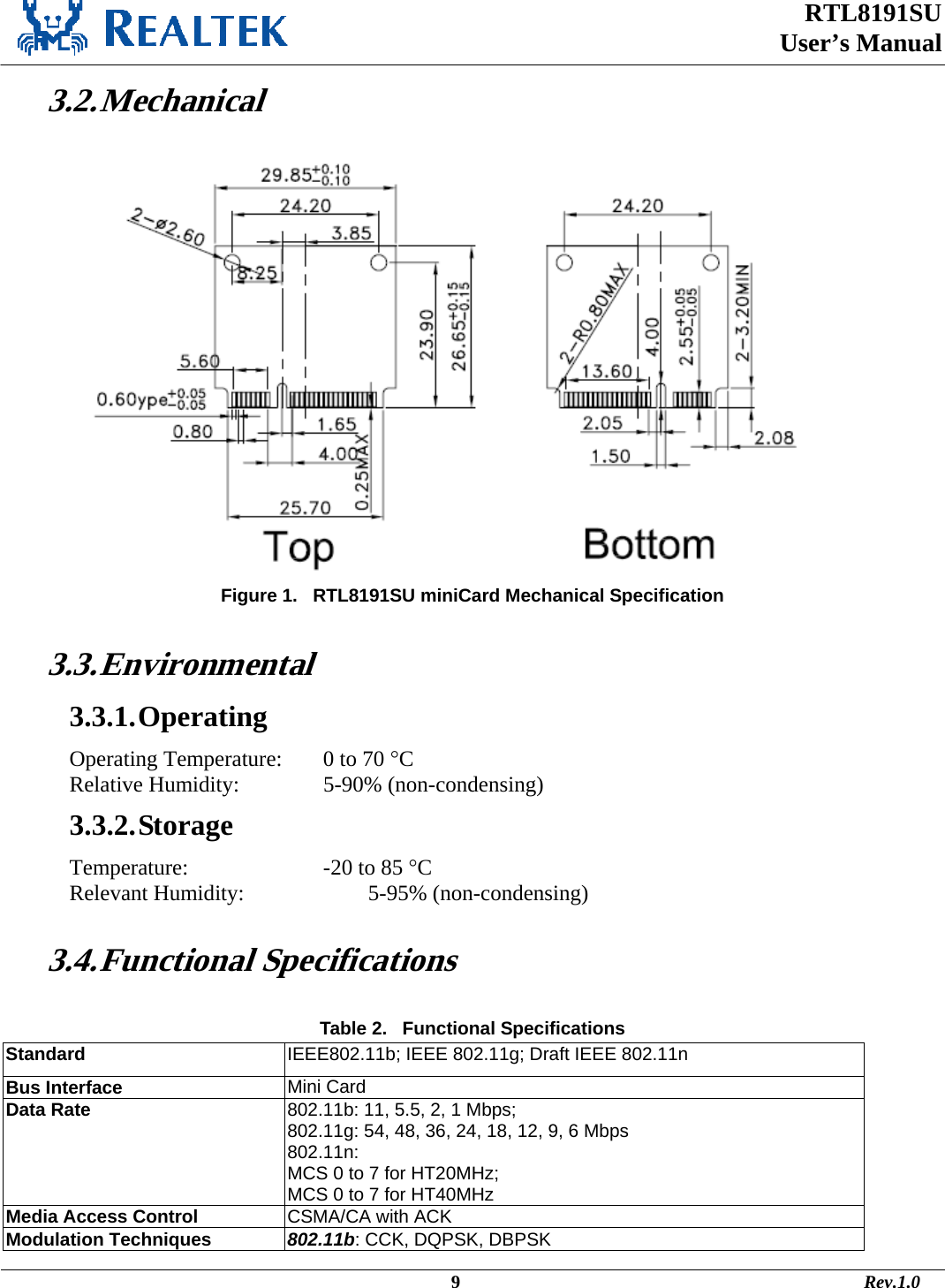  RTL8191SU  User’s Manual                                                                                             9                                                                                       Rev.1.0    3.2. Mechanical  Figure 1.   RTL8191SU miniCard Mechanical Specification  3.3. Environmental 3.3.1. Operating Operating Temperature:   0 to 70 °C Relative Humidity:     5-90% (non-condensing) 3.3.2. Storage Temperature:       -20 to 85 °C  Relevant Humidity:       5-95% (non-condensing)  3.4. Functional  Specifications  Table 2.   Functional Specifications Standard   IEEE802.11b; IEEE 802.11g; Draft IEEE 802.11n Bus Interface  Mini Card Data Rate   802.11b: 11, 5.5, 2, 1 Mbps; 802.11g: 54, 48, 36, 24, 18, 12, 9, 6 Mbps 802.11n:  MCS 0 to 7 for HT20MHz; MCS 0 to 7 for HT40MHz Media Access Control  CSMA/CA with ACK Modulation Techniques  802.11b: CCK, DQPSK, DBPSK 