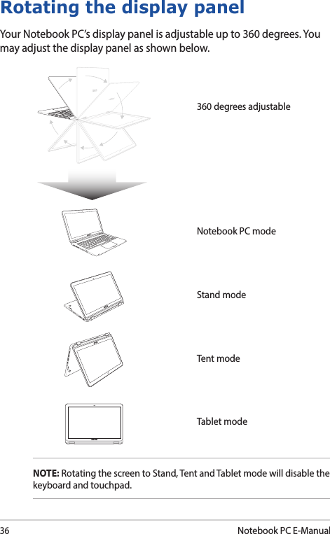 36Notebook PC E-ManualRotating the display panelYour Notebook PC’s display panel is adjustable up to 360 degrees. You may adjust the display panel as shown below.Notebook PC modeTent modeStand mode360 degrees adjustableTablet modeNOTE: Rotating the screen to Stand, Tent and Tablet mode will disable the keyboard and touchpad.