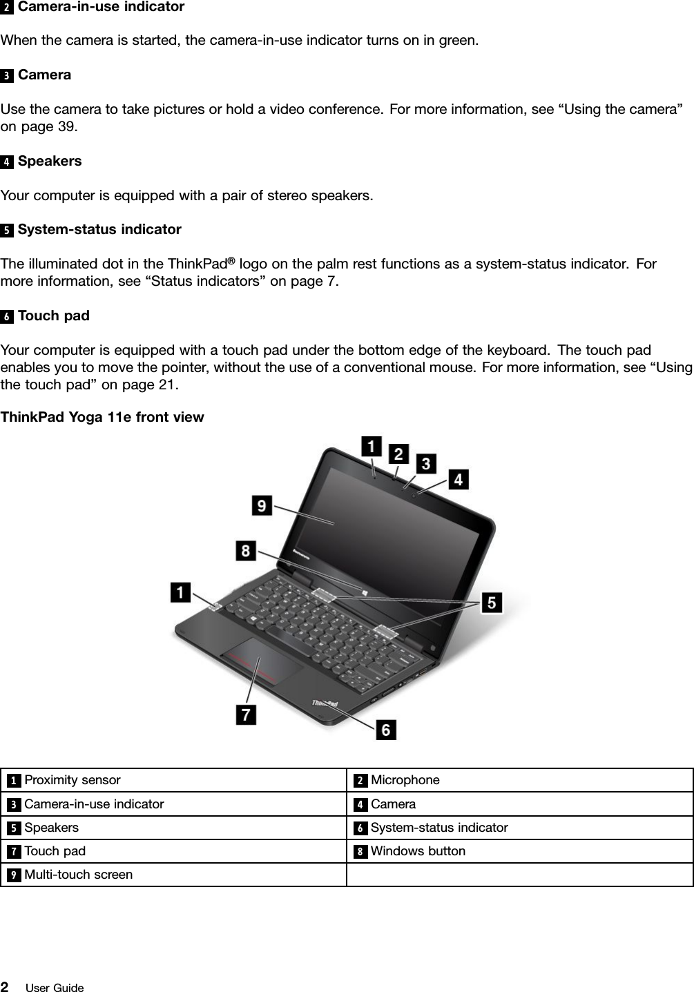 2Camera-in-useindicatorWhenthecameraisstarted,thecamera-in-useindicatorturnsoningreen.3CameraUsethecameratotakepicturesorholdavideoconference.Formoreinformation,see“Usingthecamera”onpage39.4SpeakersYourcomputerisequippedwithapairofstereospeakers.5System-statusindicatorTheilluminateddotintheThinkPad®logoonthepalmrestfunctionsasasystem-statusindicator.Formoreinformation,see“Statusindicators”onpage7.6TouchpadYourcomputerisequippedwithatouchpadunderthebottomedgeofthekeyboard.Thetouchpadenablesyoutomovethepointer,withouttheuseofaconventionalmouse.Formoreinformation,see“Usingthetouchpad”onpage21.ThinkPadYoga11efrontview1Proximitysensor 2Microphone3Camera-in-useindicator 4Camera5Speakers 6System-statusindicator7Touchpad 8Windowsbutton9Multi-touchscreen2UserGuide