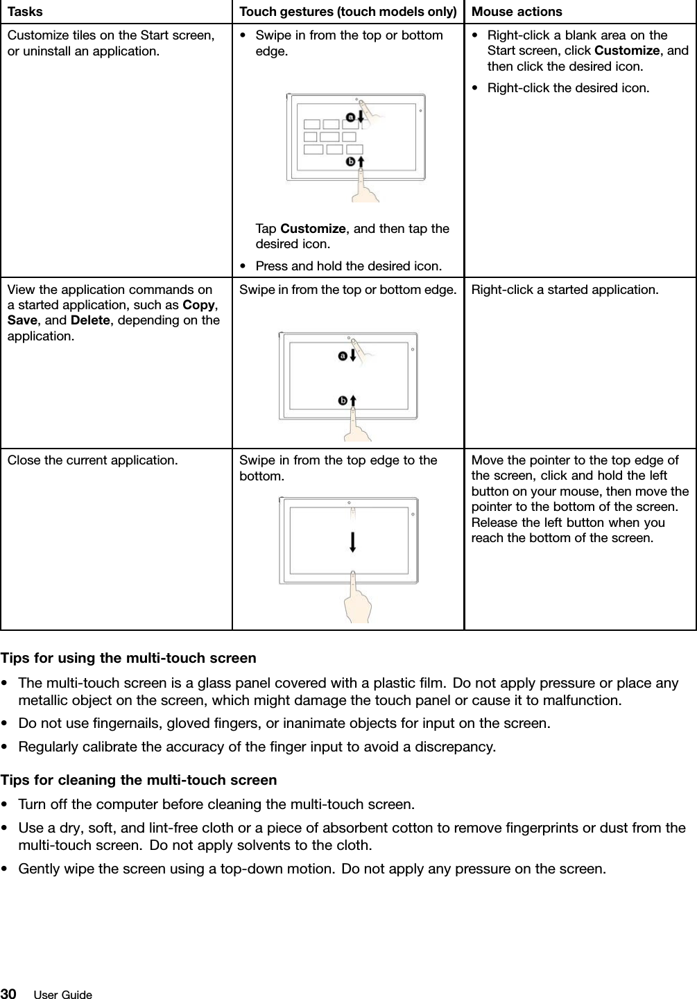 TasksTouchgestures(touchmodelsonly)MouseactionsCustomizetilesontheStartscreen,oruninstallanapplication.•Swipeinfromthetoporbottomedge.TapCustomize,andthentapthedesiredicon.•Pressandholdthedesiredicon.•Right-clickablankareaontheStartscreen,clickCustomize,andthenclickthedesiredicon.•Right-clickthedesiredicon.Viewtheapplicationcommandsonastartedapplication,suchasCopy,Save,andDelete,dependingontheapplication.Swipeinfromthetoporbottomedge.Right-clickastartedapplication.Closethecurrentapplication.Swipeinfromthetopedgetothebottom.Movethepointertothetopedgeofthescreen,clickandholdtheleftbuttononyourmouse,thenmovethepointertothebottomofthescreen.Releasetheleftbuttonwhenyoureachthebottomofthescreen.Tipsforusingthemulti-touchscreen•Themulti-touchscreenisaglasspanelcoveredwithaplasticﬁlm.Donotapplypressureorplaceanymetallicobjectonthescreen,whichmightdamagethetouchpanelorcauseittomalfunction.•Donotuseﬁngernails,glovedﬁngers,orinanimateobjectsforinputonthescreen.•Regularlycalibratetheaccuracyoftheﬁngerinputtoavoidadiscrepancy.Tipsforcleaningthemulti-touchscreen•Turnoffthecomputerbeforecleaningthemulti-touchscreen.•Useadry,soft,andlint-freeclothorapieceofabsorbentcottontoremoveﬁngerprintsordustfromthemulti-touchscreen.Donotapplysolventstothecloth.•Gentlywipethescreenusingatop-downmotion.Donotapplyanypressureonthescreen.30UserGuide