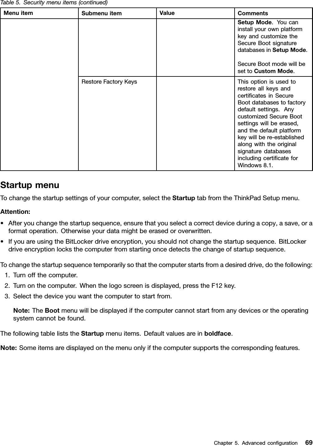 Table5.Securitymenuitems(continued)MenuitemSubmenuitemValueCommentsSetupMode.YoucaninstallyourownplatformkeyandcustomizetheSecureBootsignaturedatabasesinSetupMode.SecureBootmodewillbesettoCustomMode.RestoreFactoryKeysThisoptionisusedtorestoreallkeysandcertiﬁcatesinSecureBootdatabasestofactorydefaultsettings.AnycustomizedSecureBootsettingswillbeerased,andthedefaultplatformkeywillbere-establishedalongwiththeoriginalsignaturedatabasesincludingcertiﬁcateforWindows8.1.StartupmenuTochangethestartupsettingsofyourcomputer,selecttheStartuptabfromtheThinkPadSetupmenu.Attention:•Afteryouchangethestartupsequence,ensurethatyouselectacorrectdeviceduringacopy,asave,oraformatoperation.Otherwiseyourdatamightbeerasedoroverwritten.•IfyouareusingtheBitLockerdriveencryption,youshouldnotchangethestartupsequence.BitLockerdriveencryptionlocksthecomputerfromstartingoncedetectsthechangeofstartupsequence.Tochangethestartupsequencetemporarilysothatthecomputerstartsfromadesireddrive,dothefollowing:1.Turnoffthecomputer.2.Turnonthecomputer.Whenthelogoscreenisdisplayed,presstheF12key.3.Selectthedeviceyouwantthecomputertostartfrom.Note:TheBootmenuwillbedisplayedifthecomputercannotstartfromanydevicesortheoperatingsystemcannotbefound.ThefollowingtableliststheStartupmenuitems.Defaultvaluesareinboldface.Note:Someitemsaredisplayedonthemenuonlyifthecomputersupportsthecorrespondingfeatures.Chapter5.Advancedconﬁguration69