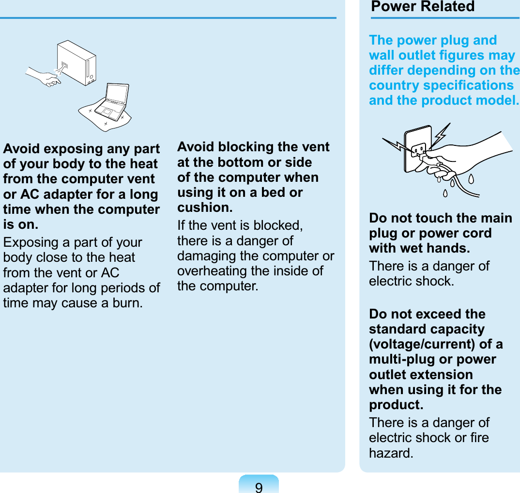 9Avoid exposing any part of your body to the heat from the computer vent or AC adapter for a long time when the computer is on.Exposing a part of your body close to the heat from the vent or AC adapter for long periods of time may cause a burn.Avoid blocking the vent at the bottom or side of the computer when using it on a bed or cushion.If the vent is blocked, there is a danger of damaging the computer or overheating the inside of the computer. The power plug and wall outlet ﬁgures may differ depending on the country speciﬁcations and the product model.Do not touch the main plug or power cord with wet hands.There is a danger of electric shock.Do not exceed the standard capacity (voltage/current) of a multi-plug or power outlet extension when using it for the product.There is a danger of electric shock or ﬁre hazard.Power Related